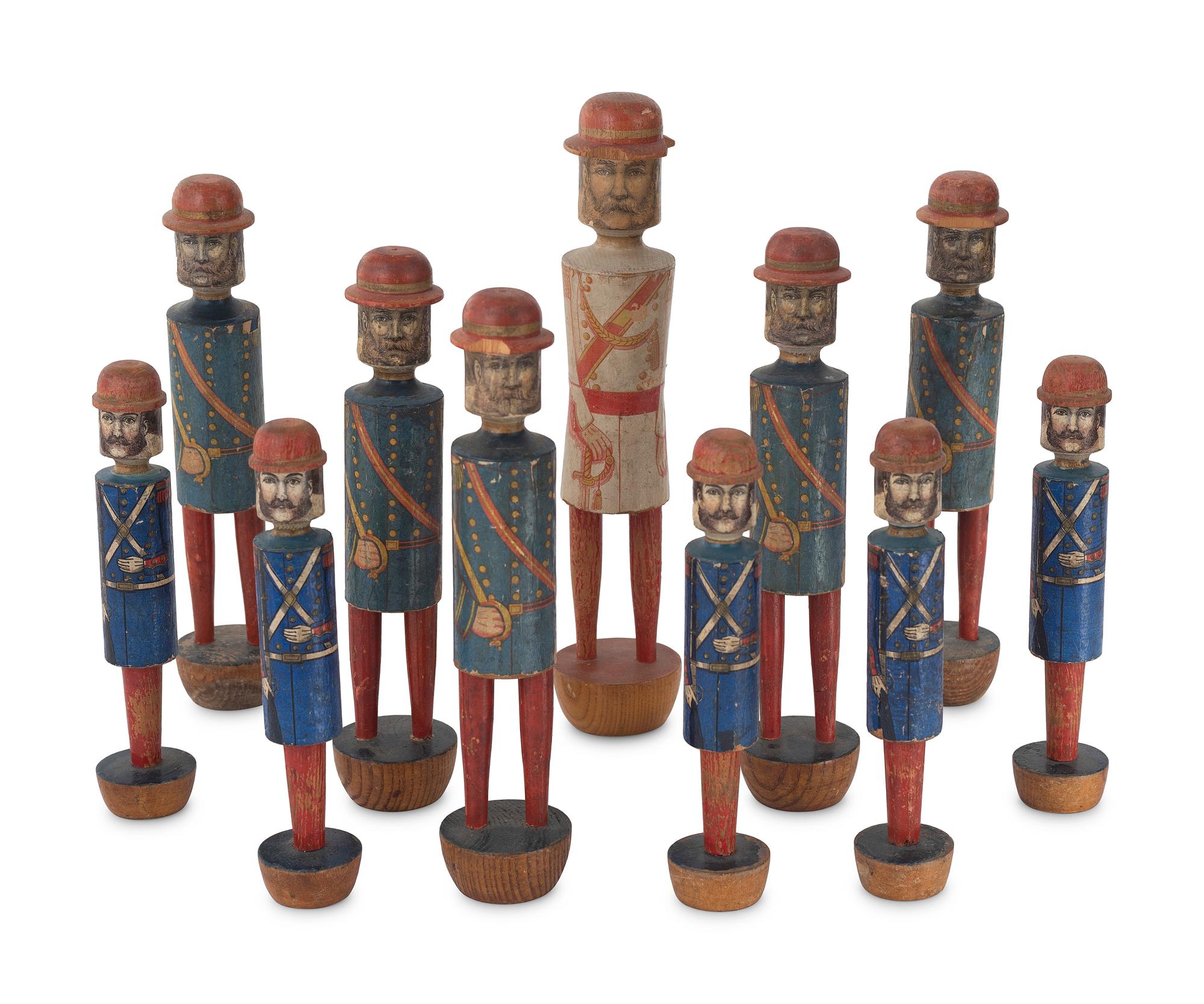 A Set of Painted Wood and Lithographed Military Ten-Pins