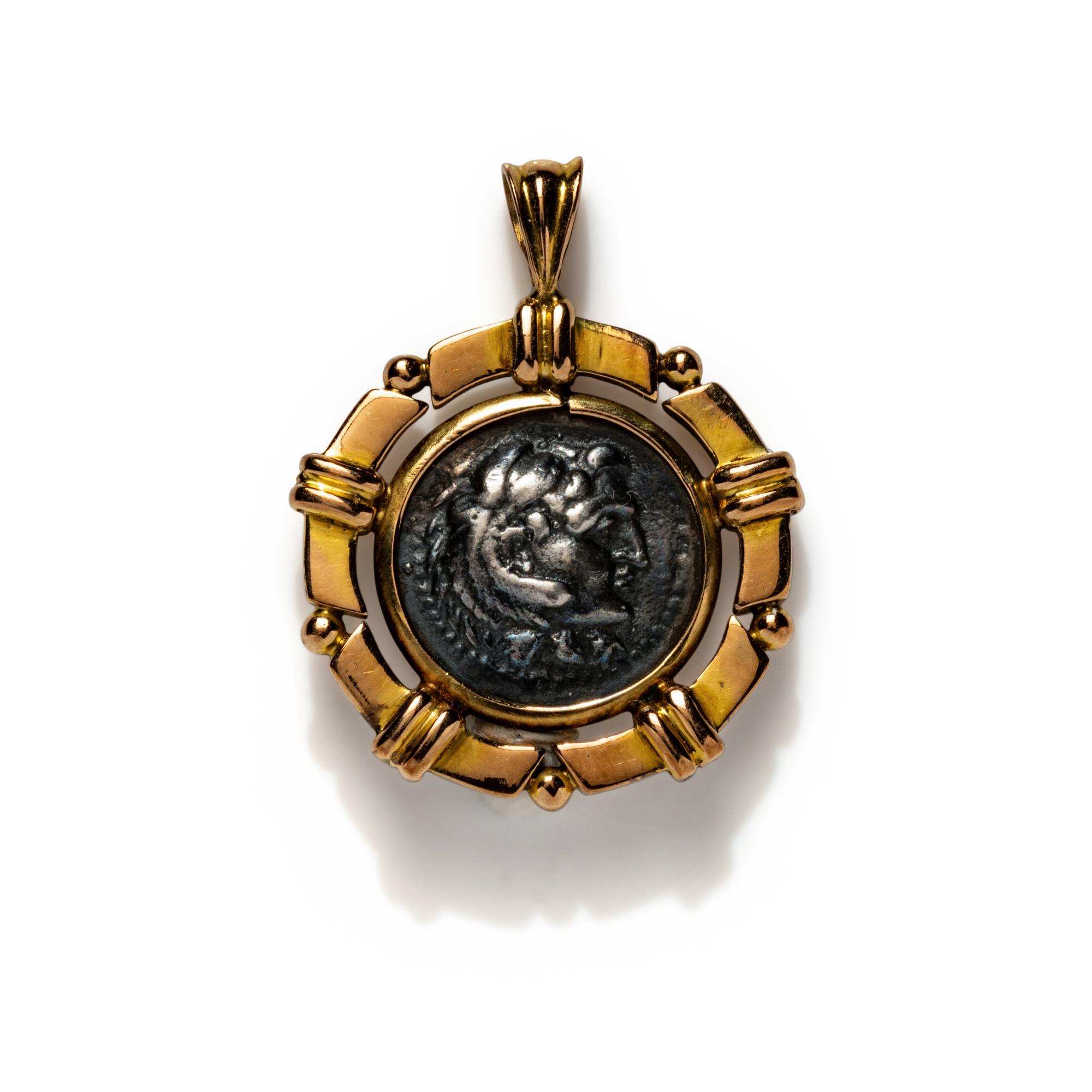 A Greek Silver Drachm with Alexander the Great — Set in a gold pendant