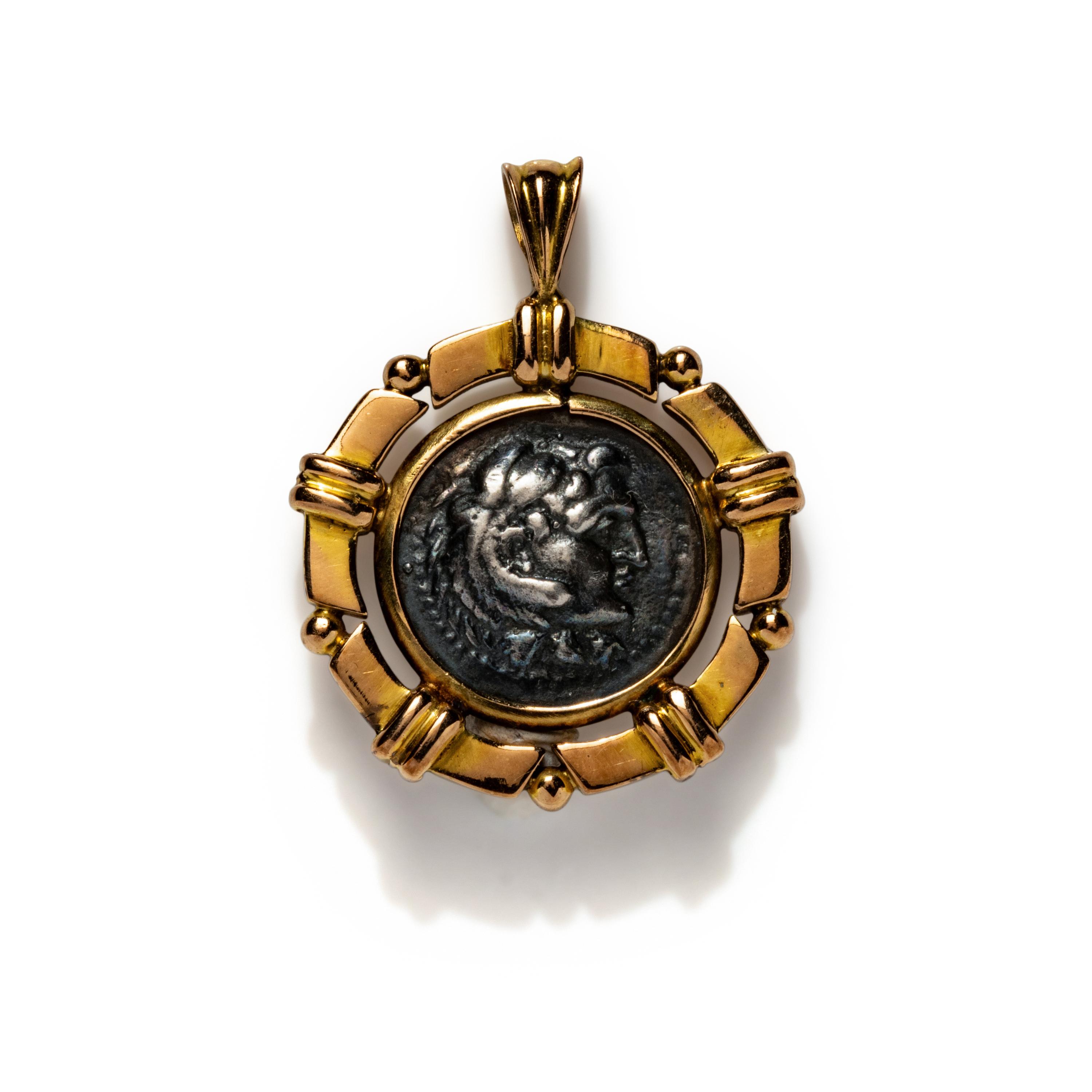 A Greek Silver Drachm with Alexander the Great — Set in a gold pendant