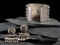 Sterling Silver and Turquoise Cluster Cuff Bracelet and Clip Earrings