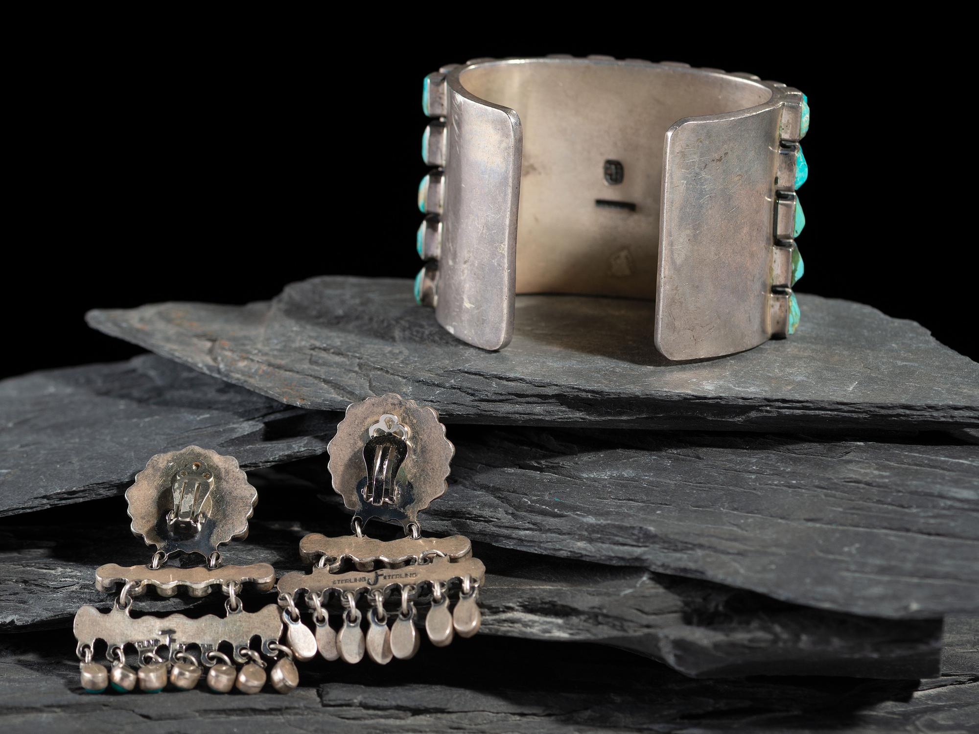 Sterling Silver and Turquoise Cluster Cuff Bracelet and Clip Earrings
