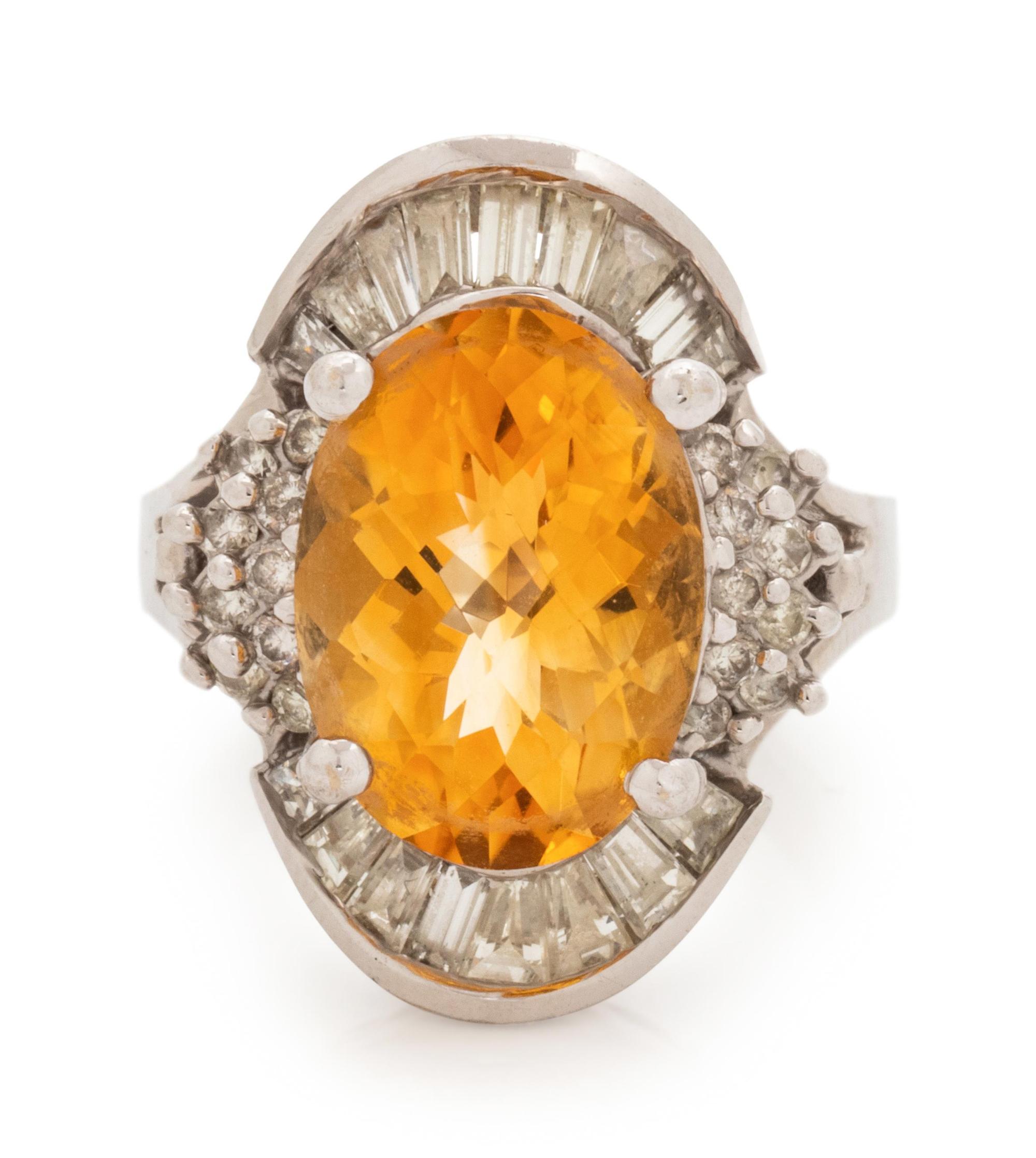 A White Gold, Citrine and Diamond Ring,
