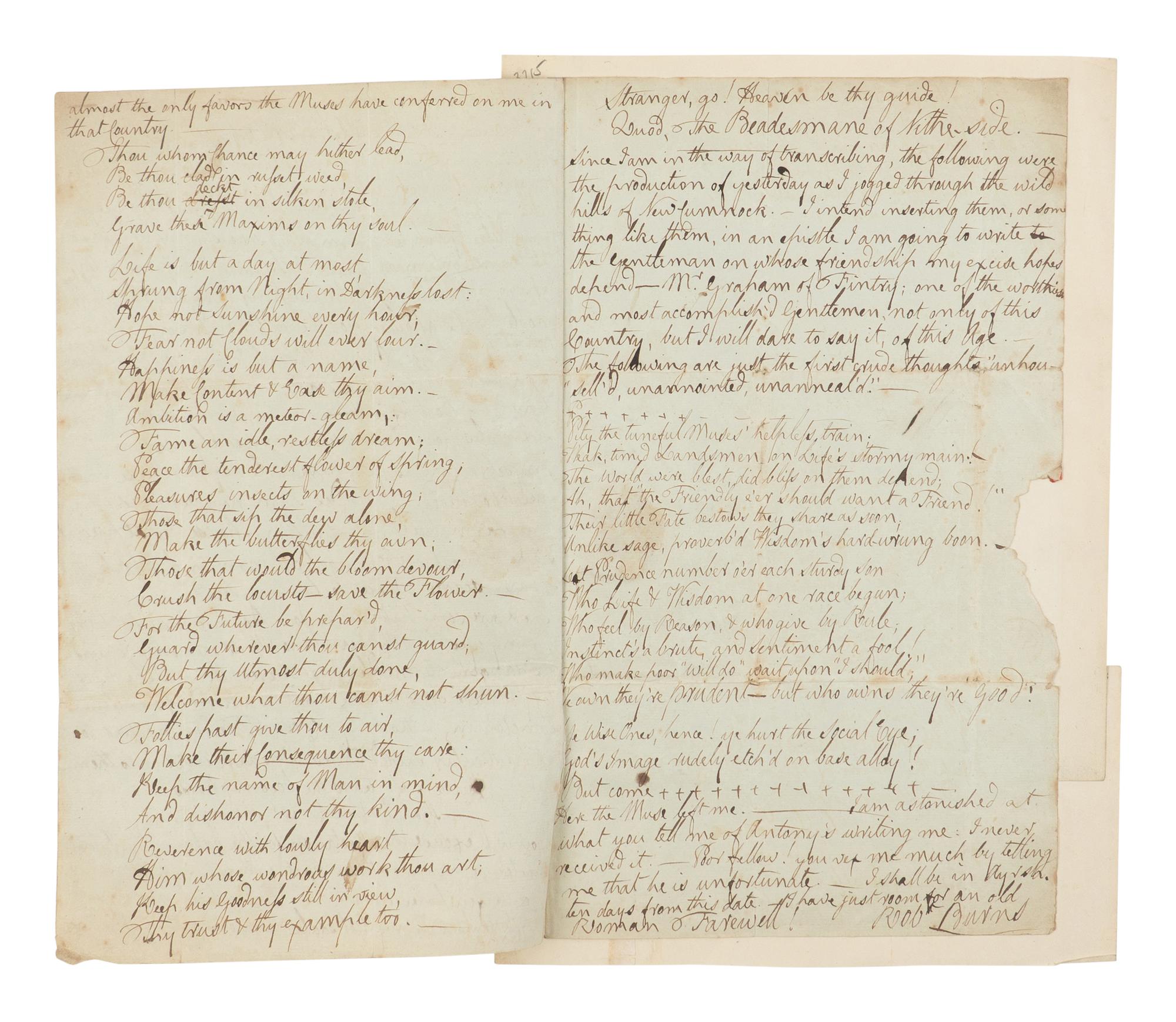 BURNS, Robert (1759-1796). Autograph letter signed ("Robt. Burns"), to Frances Dunlop (addressed as "Mrs. Dunlop"), Mauchline, 2 August 1788.