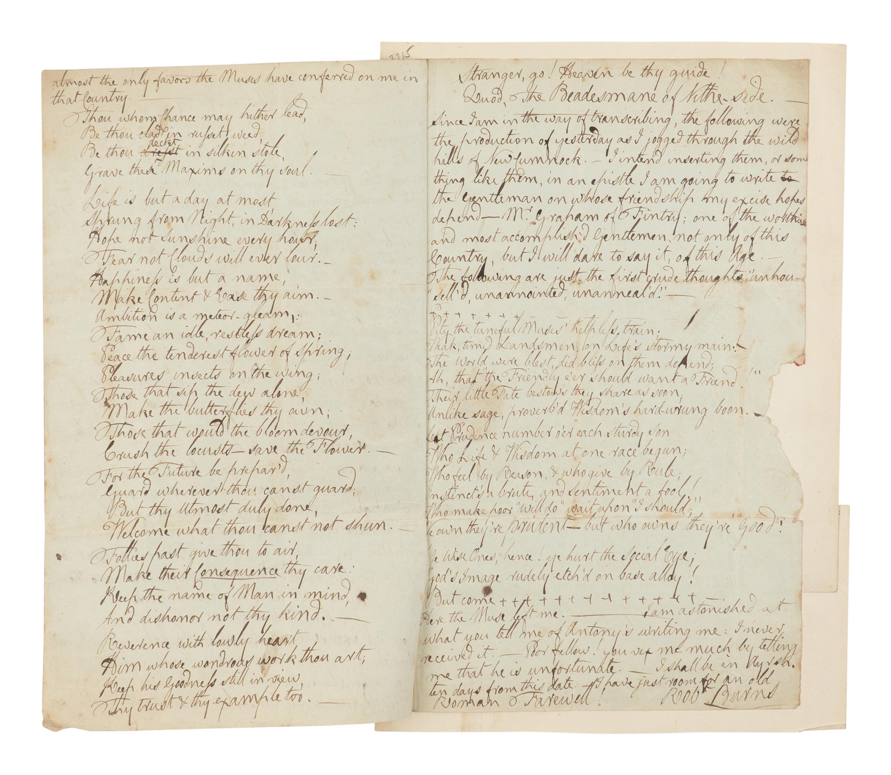 BURNS, Robert (1759-1796). Autograph letter signed ("Robt. Burns"), to Frances Dunlop (addressed as "Mrs. Dunlop"), Mauchline, 2 August 1788.