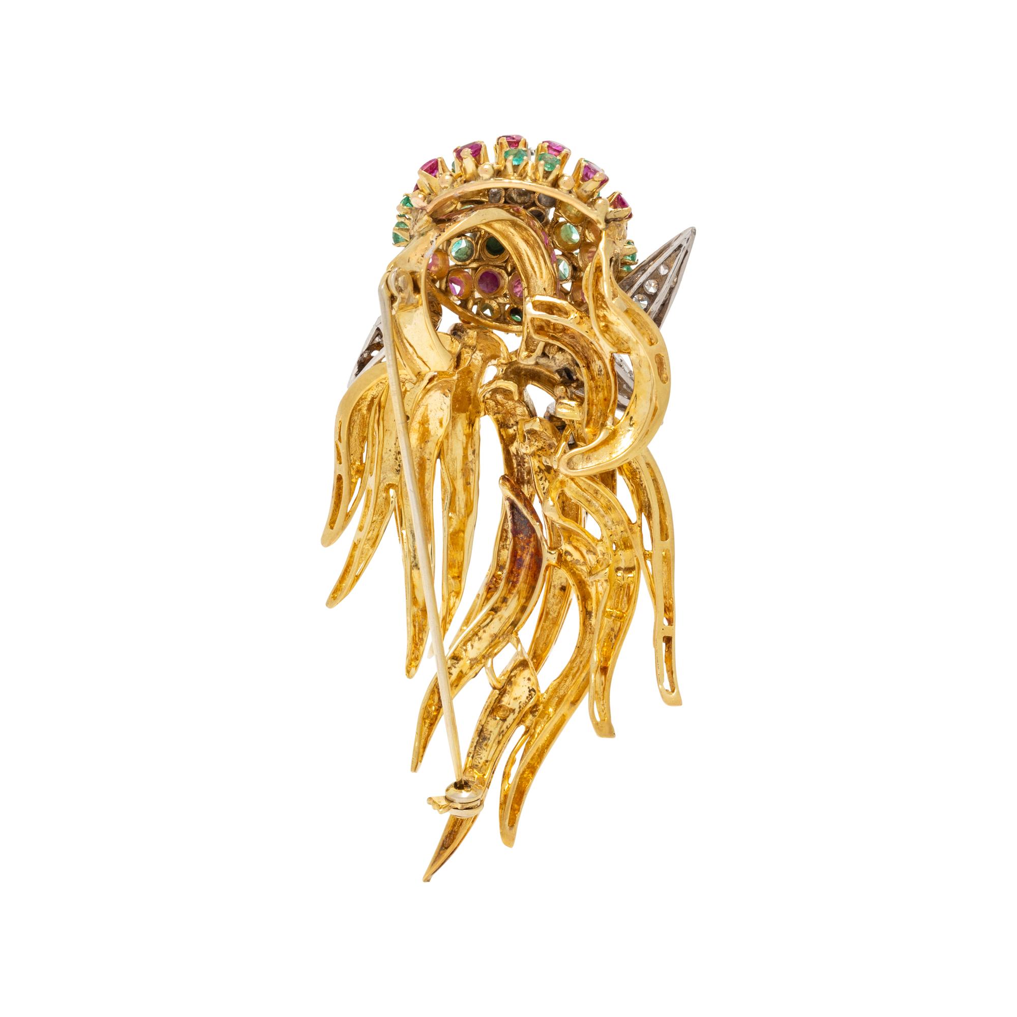 YELLOW GOLD, PLATINUM, DIAMOND AND MULTIGEM BROOCH