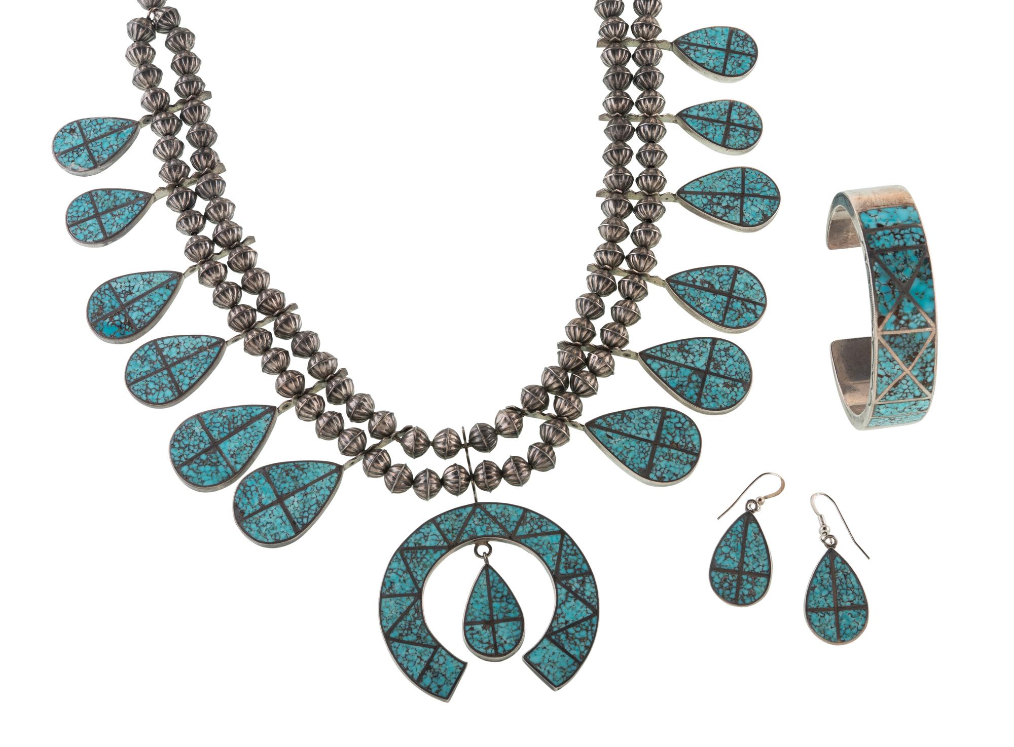 Zuni Silver Squash Blossom Necklace, Earring, and Cuff Bracelet Suite Lot is located and will ship from Denver, Colorado.