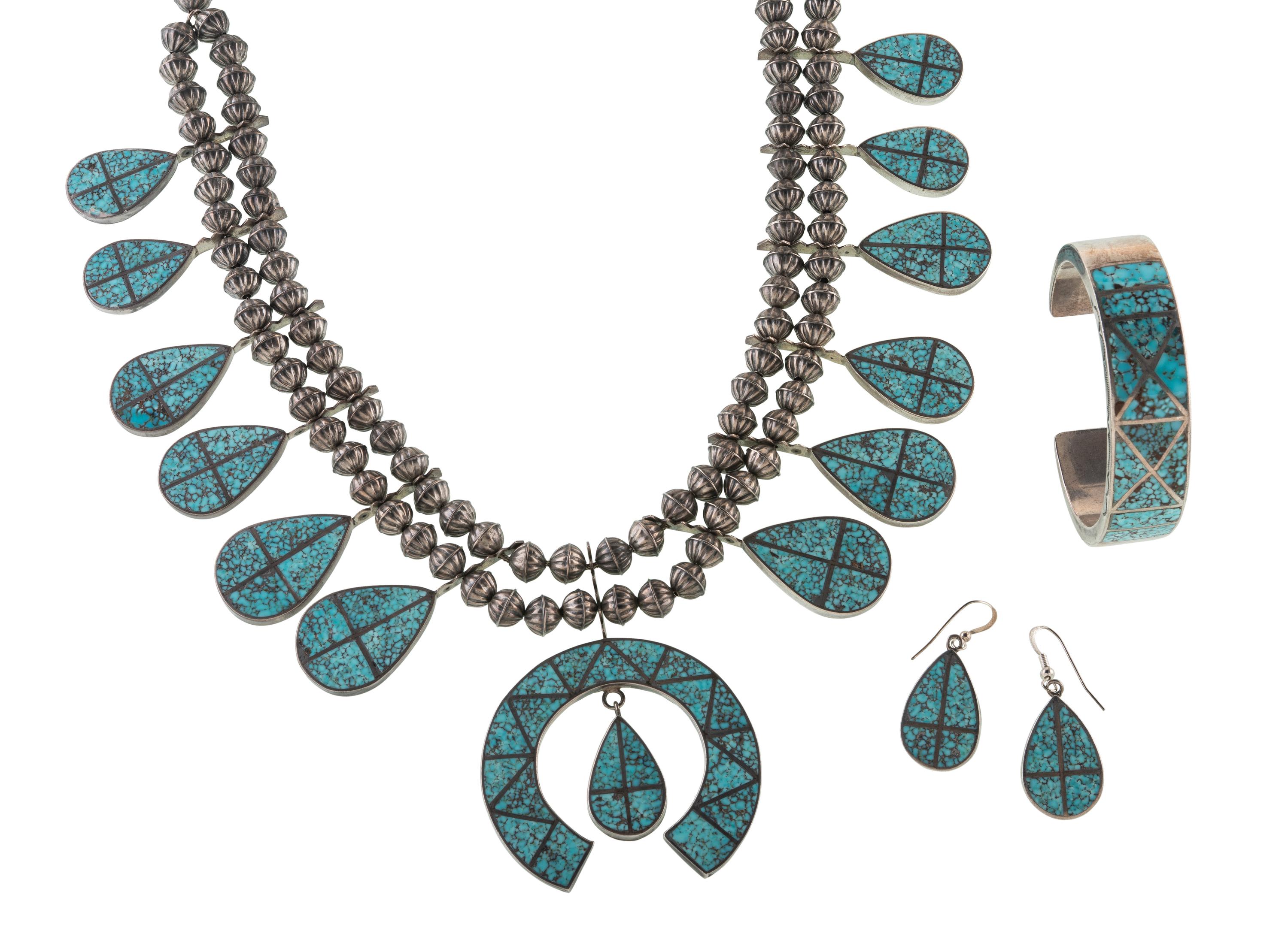 Zuni Silver Squash Blossom Necklace, Earring, and Cuff Bracelet Suite Lot is located and will ship from Denver, Colorado.