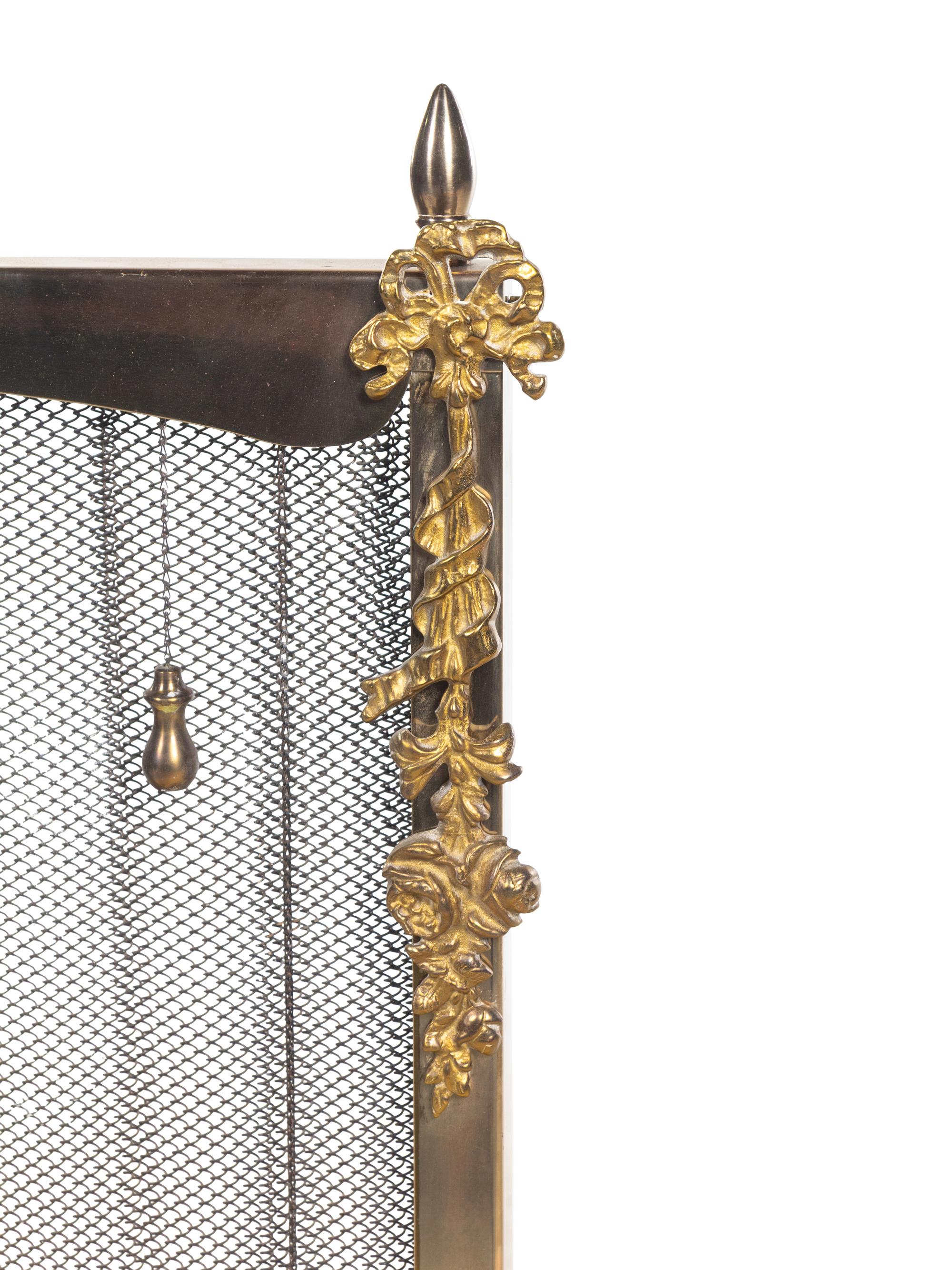 A Pair of Federal Style Brass Andirons with an Associated Fender and Screen