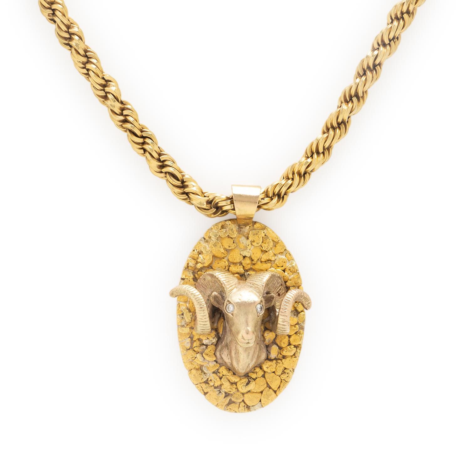Yellow Gold and Diamond Ram Pendant Necklace