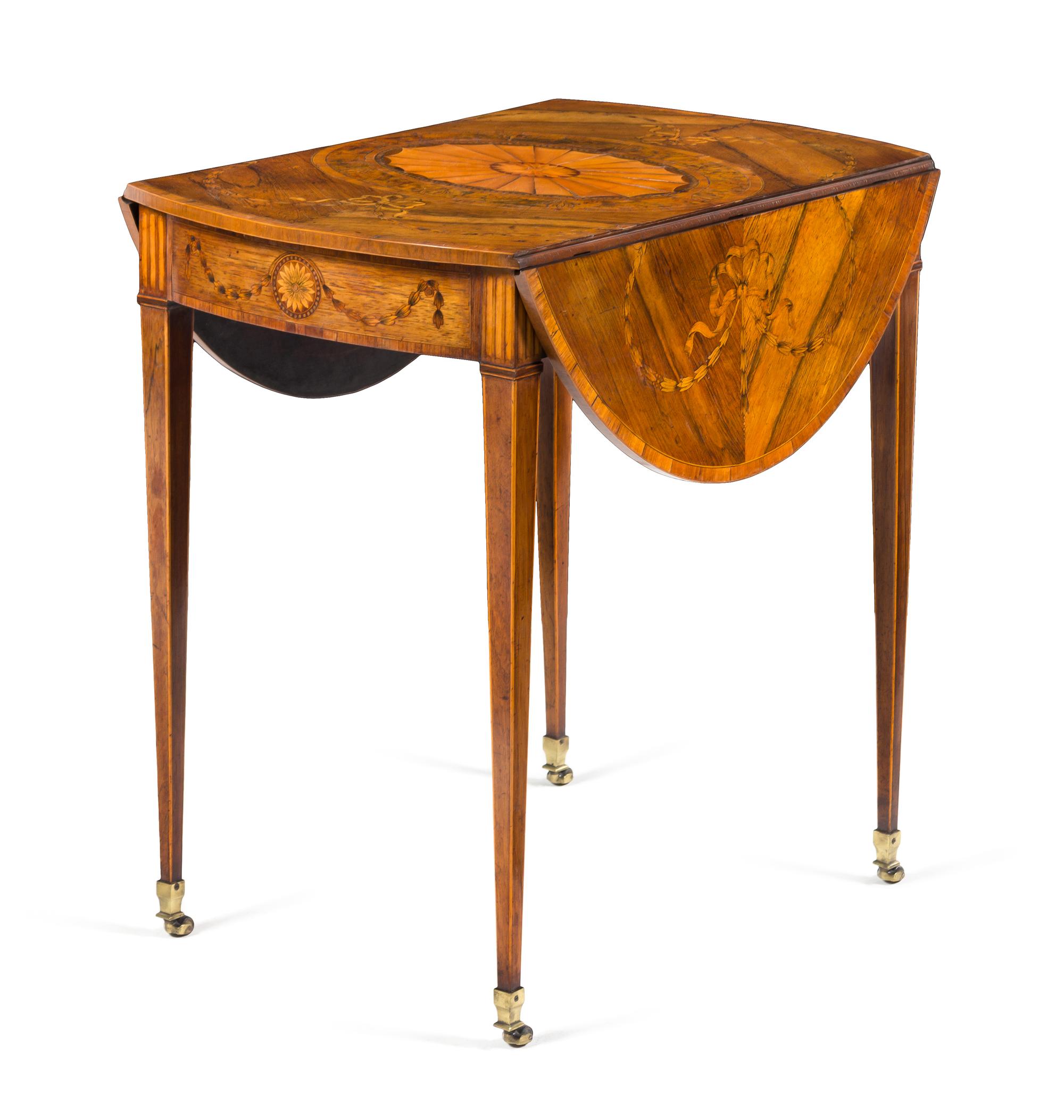 A George III Satinwood, Rosewood and Marquetry Pembroke Table Height 28 1/8 x width 37 (open) x depth 27 1/2 inches. — CIRCA 1780