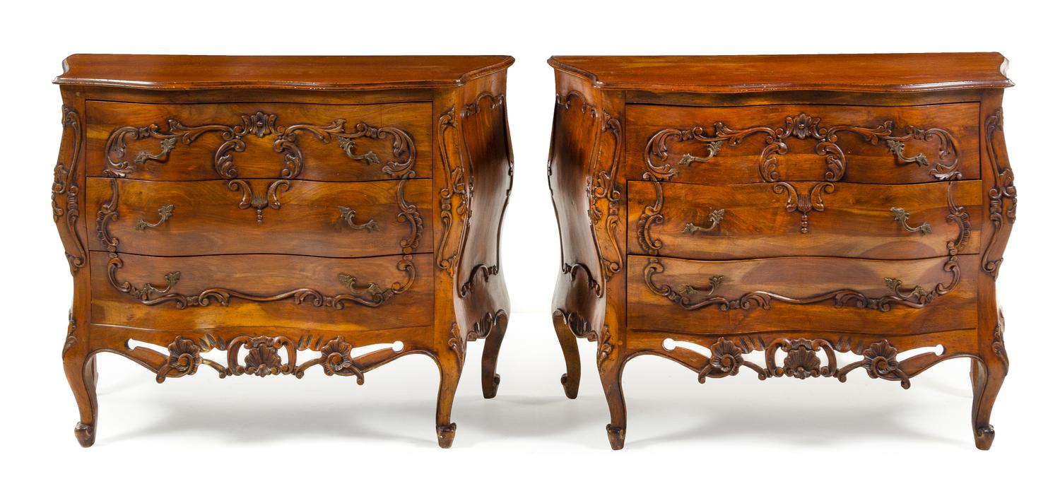 A Pair of Louis XV Style Walnut Commodes Height 31 1/2 x width 41 3/8 x depth 17 3/4 inches. — MID-20TH CENTURY