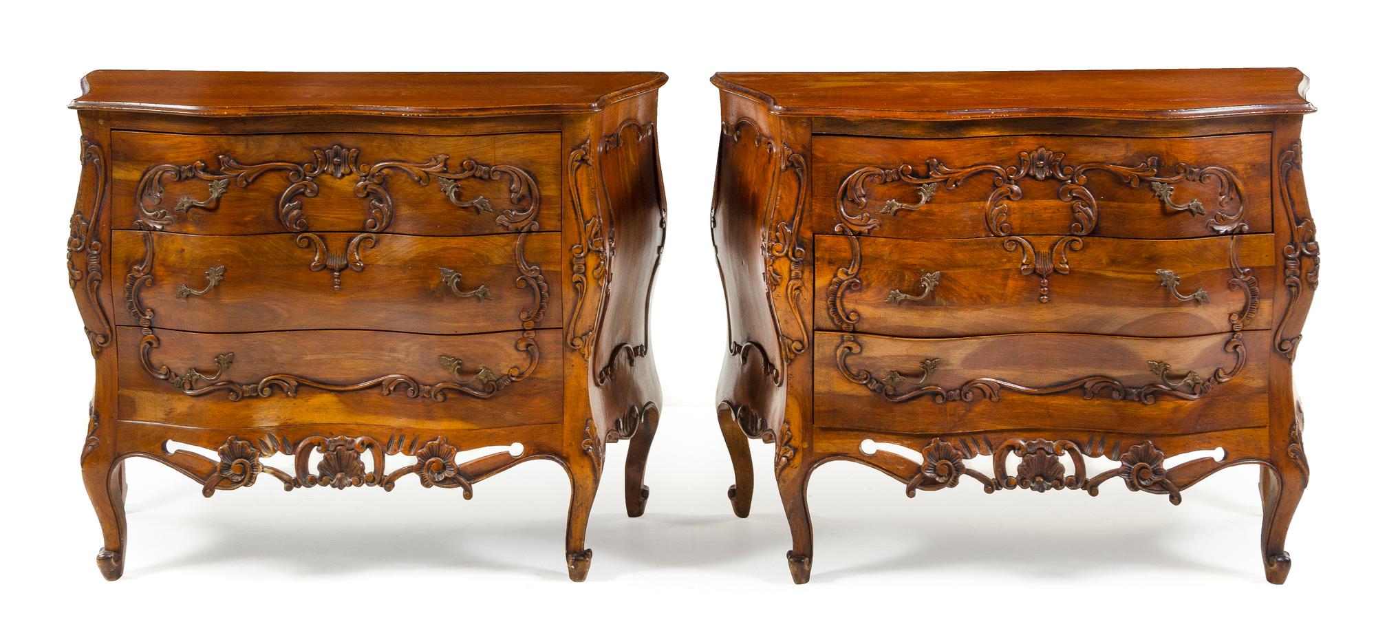 A Pair of Louis XV Style Walnut Commodes Height 31 1/2 x width 41 3/8 x depth 17 3/4 inches. — MID-20TH CENTURY