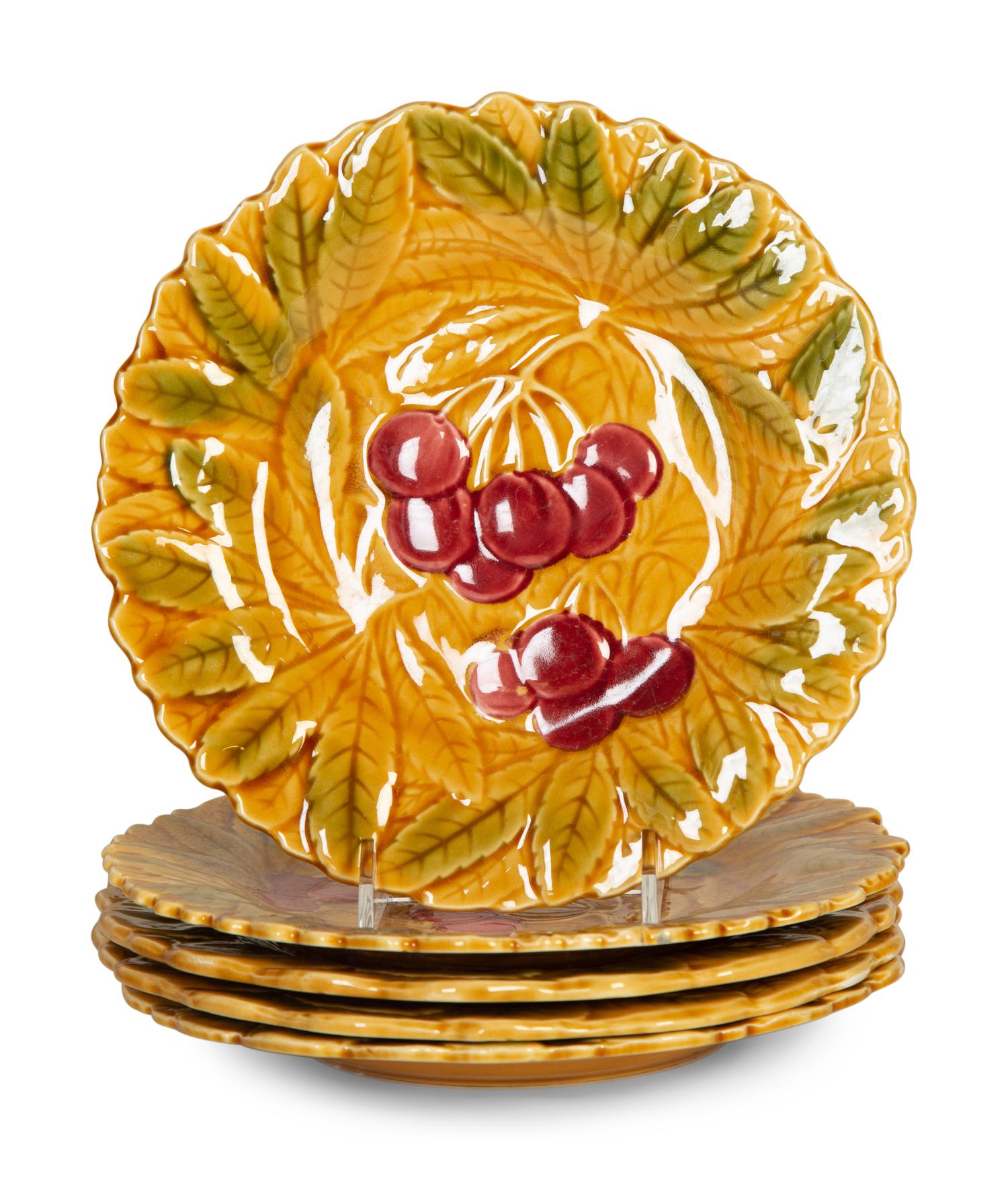 A Group of French Sarreguemines Majolica Dessert Plates and Cake Platter — 20th Century