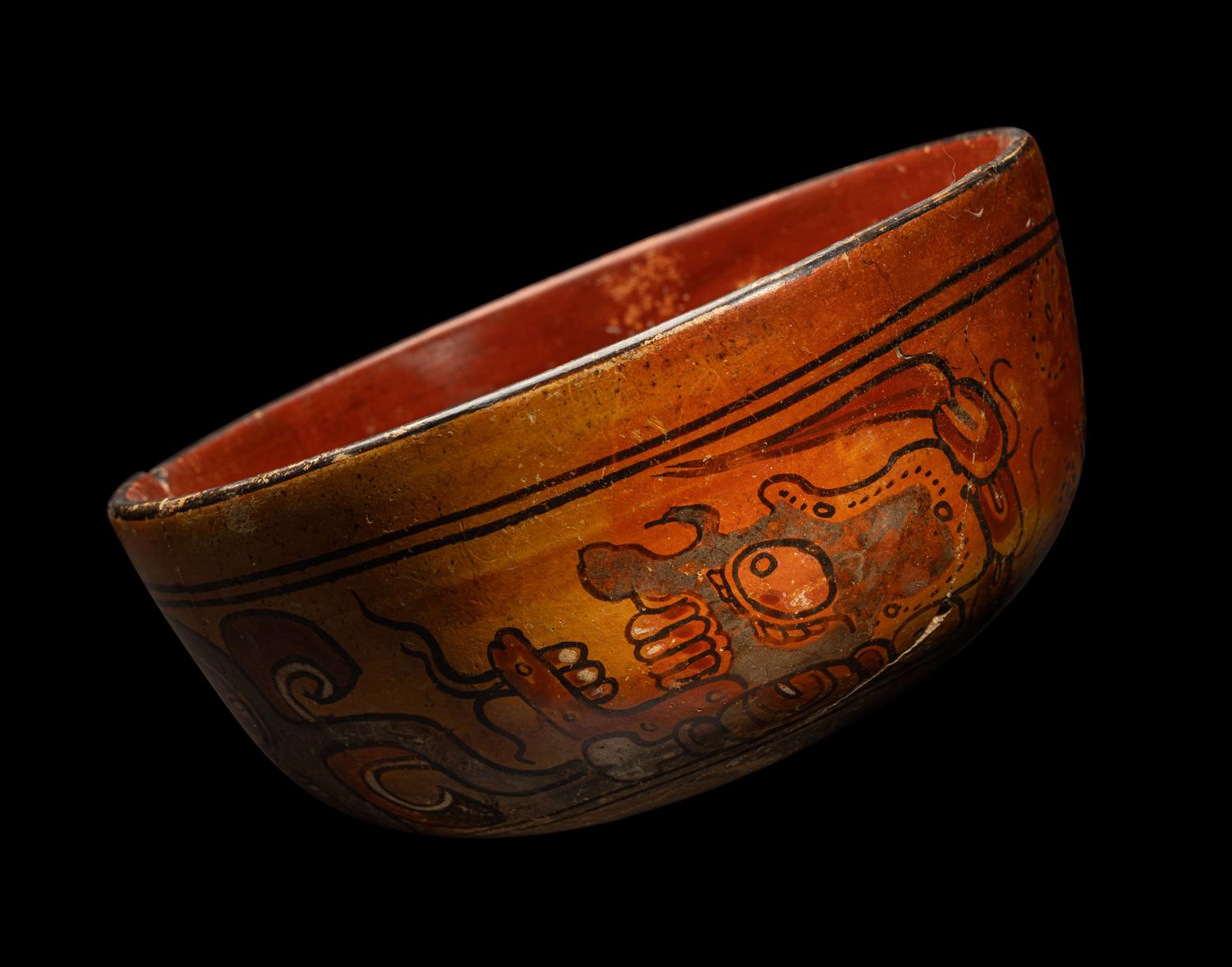 A Maya Polychrome Terracotta Bowl with Xibalba Gods and Glyphs
