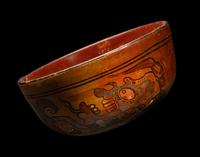 A Maya Polychrome Terracotta Bowl with Xibalba Gods and Glyphs