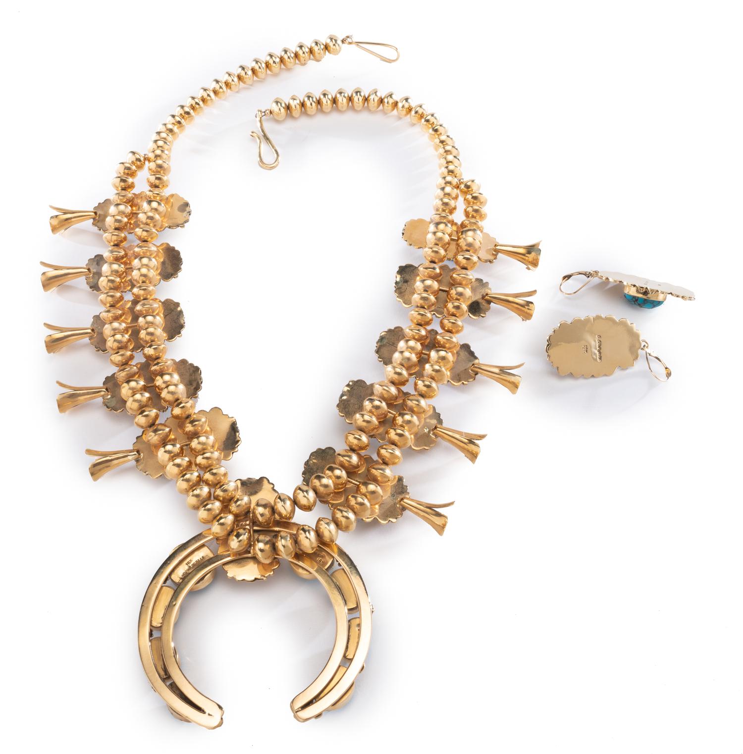 18k Gold and Turquoise Squash Blossom Necklace and Matching Earrings Lot is located and will ship from Denver, Colorado.