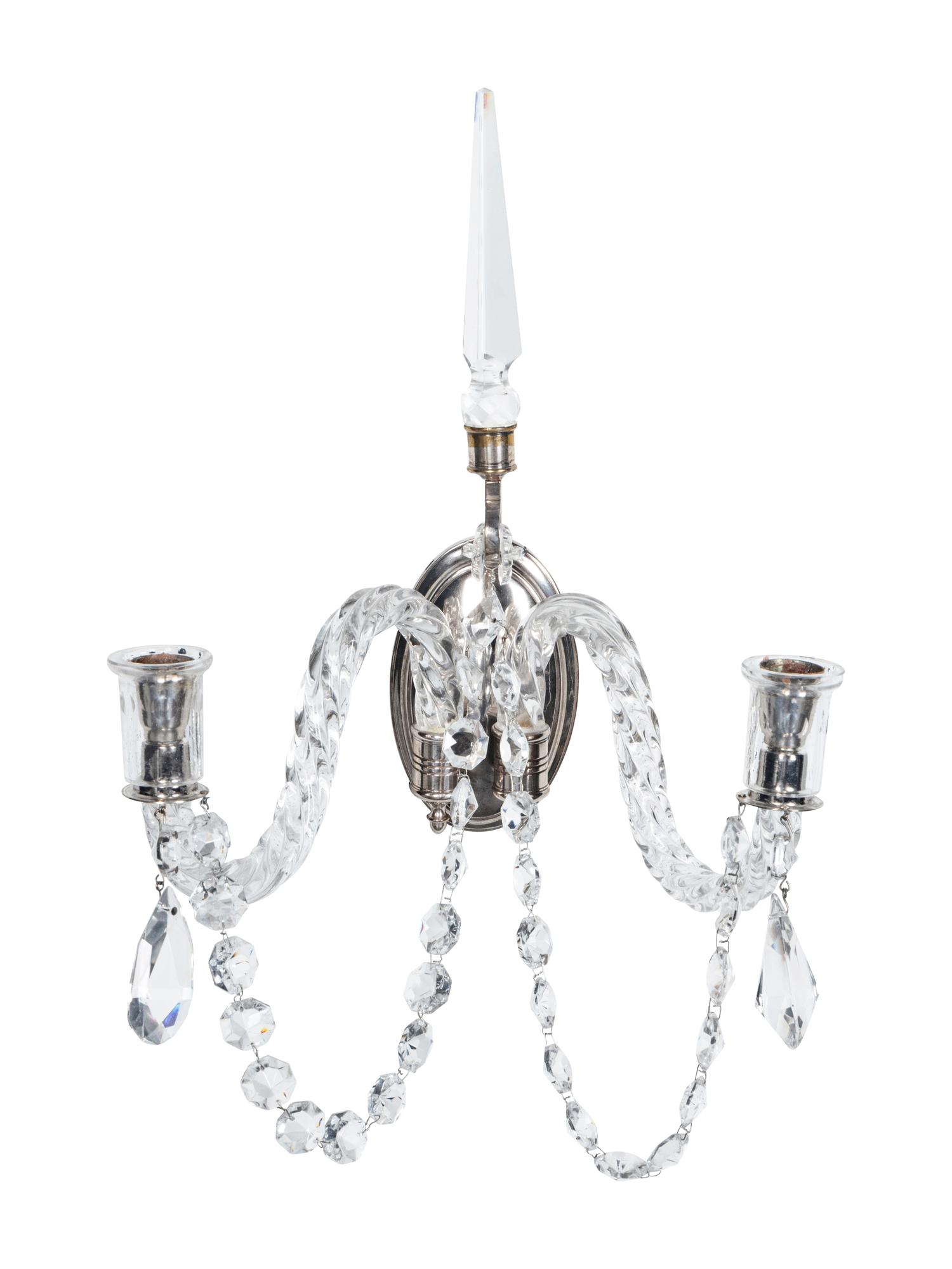 A Pair of Silver-Plate and Cut Glass Two-Light Sconces