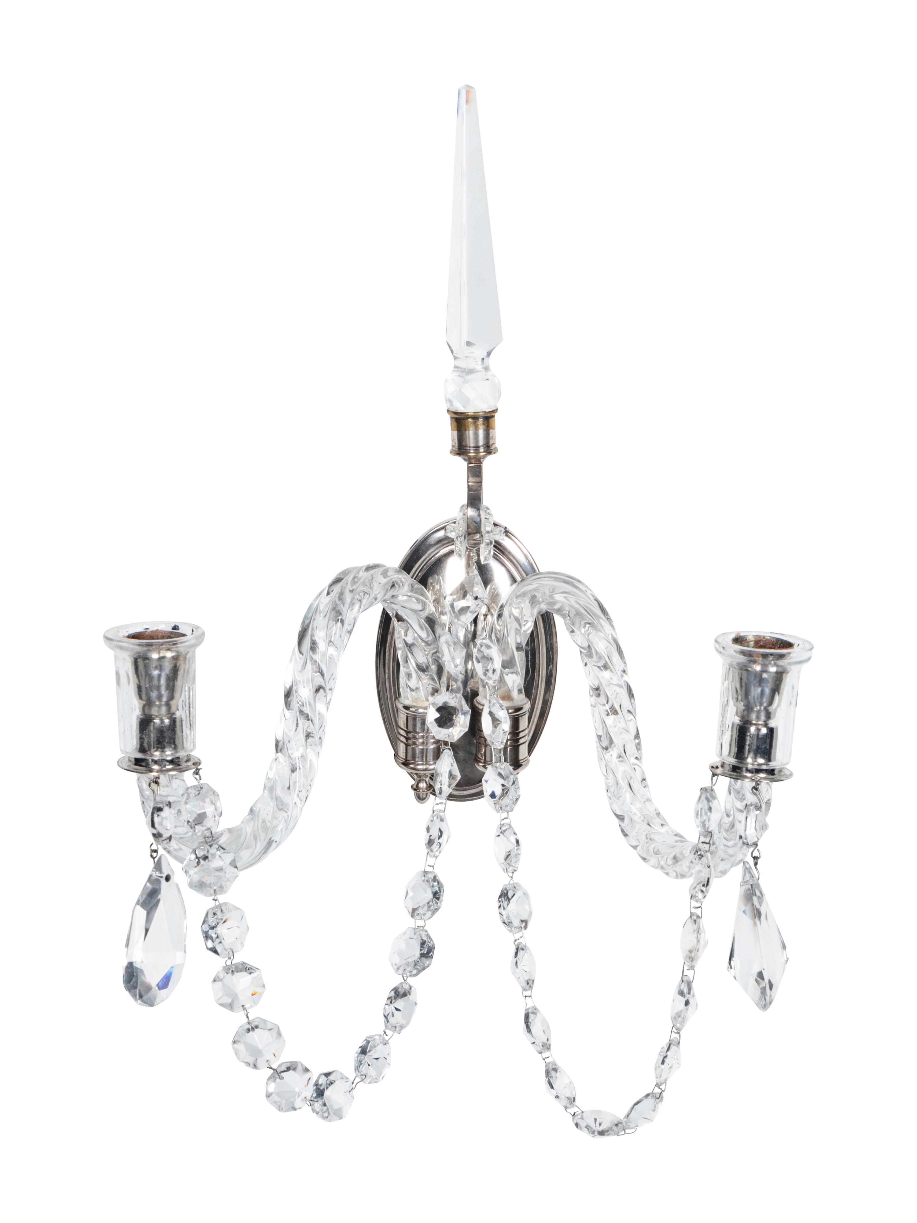 A Pair of Silver-Plate and Cut Glass Two-Light Sconces