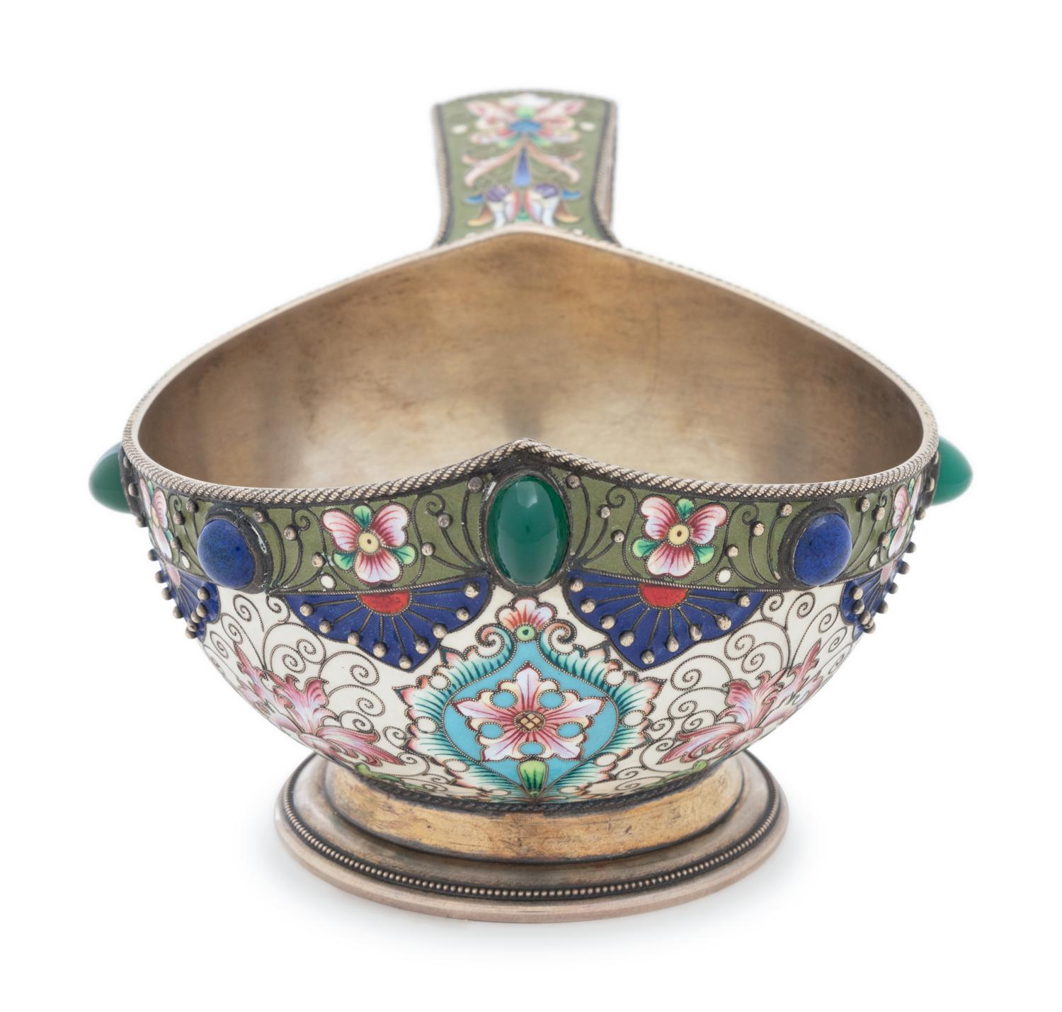 A Russian Silver and Shaded Enamel Kovsh