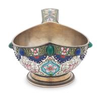 A Russian Silver and Shaded Enamel Kovsh