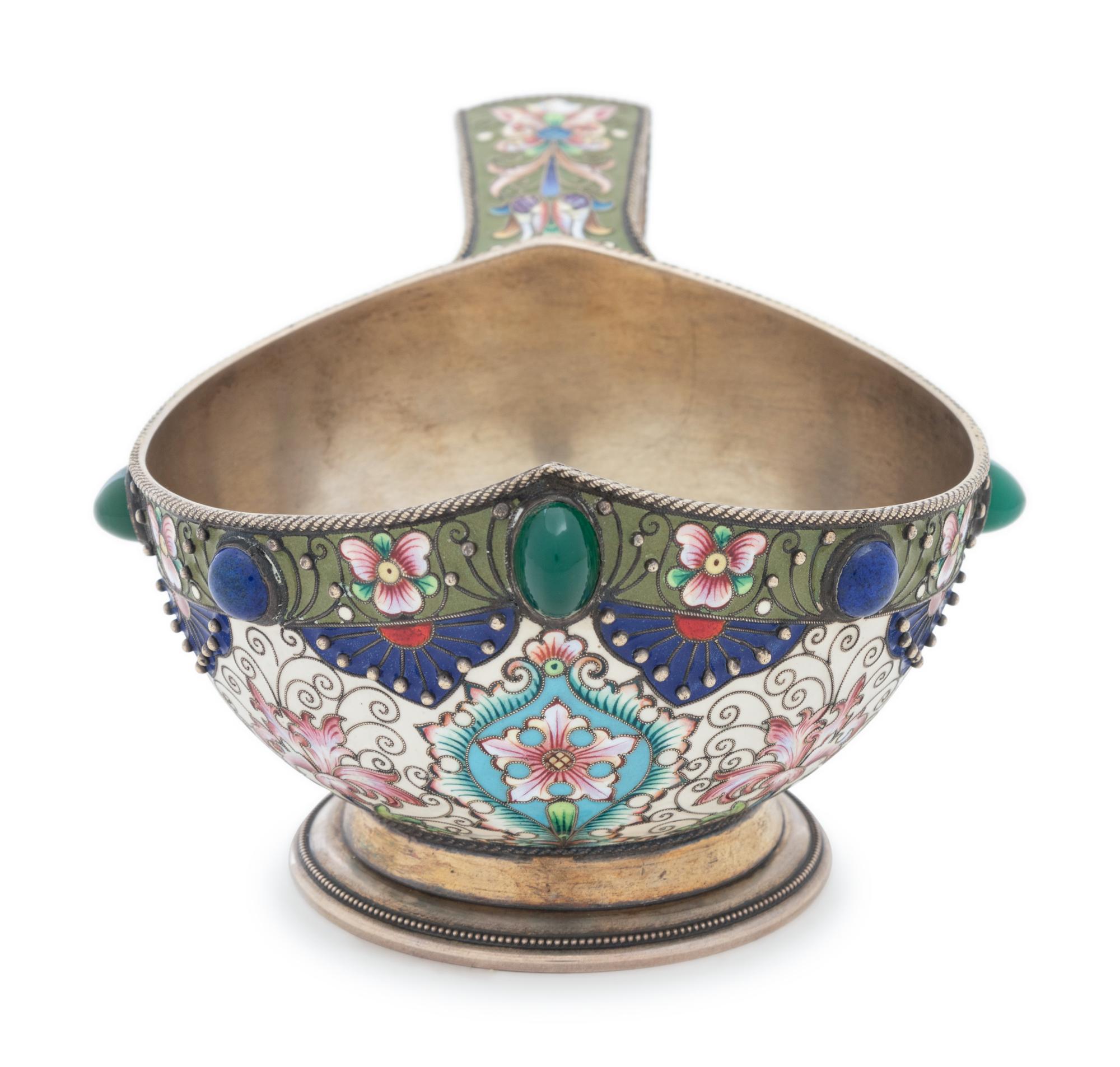 A Russian Silver and Shaded Enamel Kovsh
