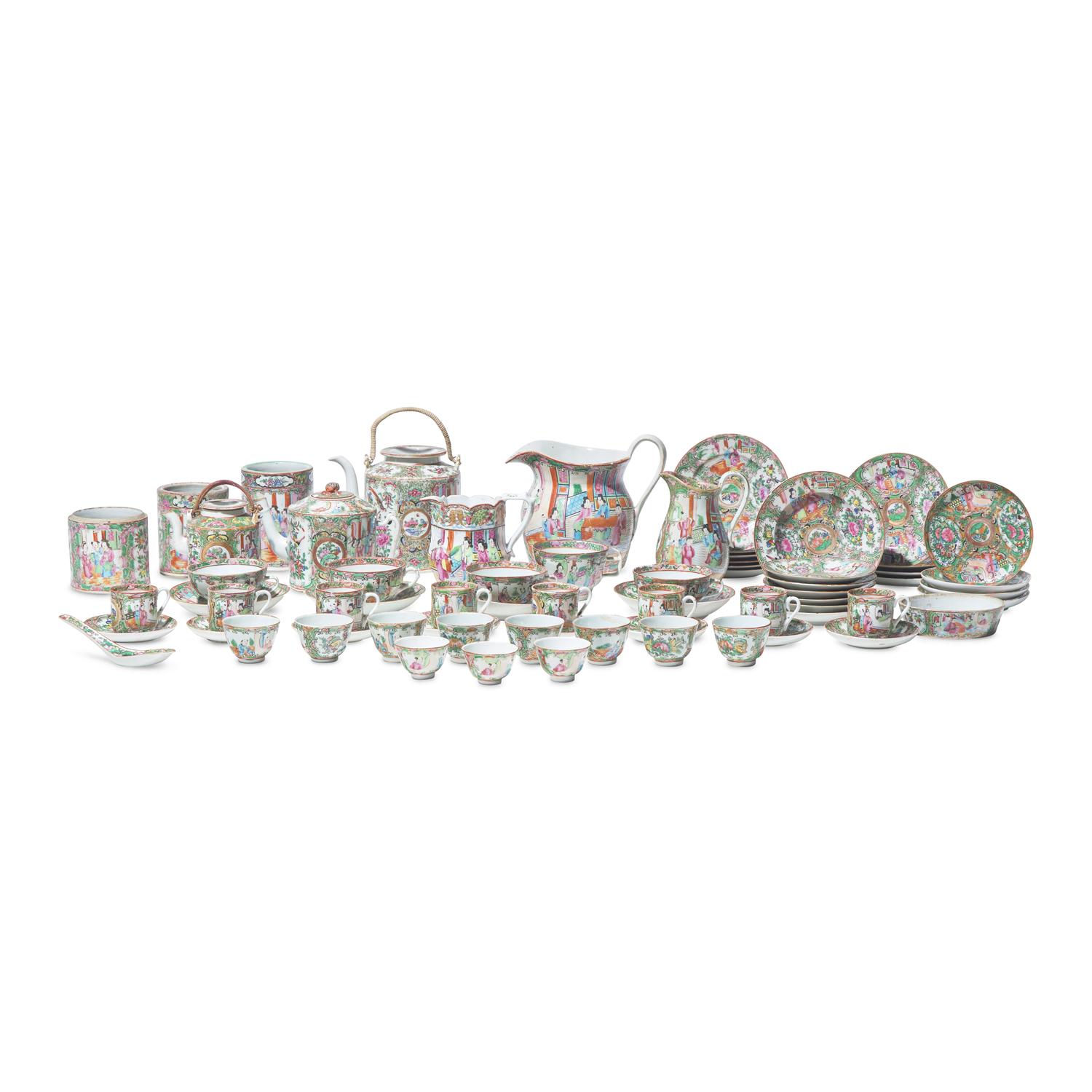 A Large Group of Sixty-Eight Chinese Export Porcelain Rose Medallion Tablewares