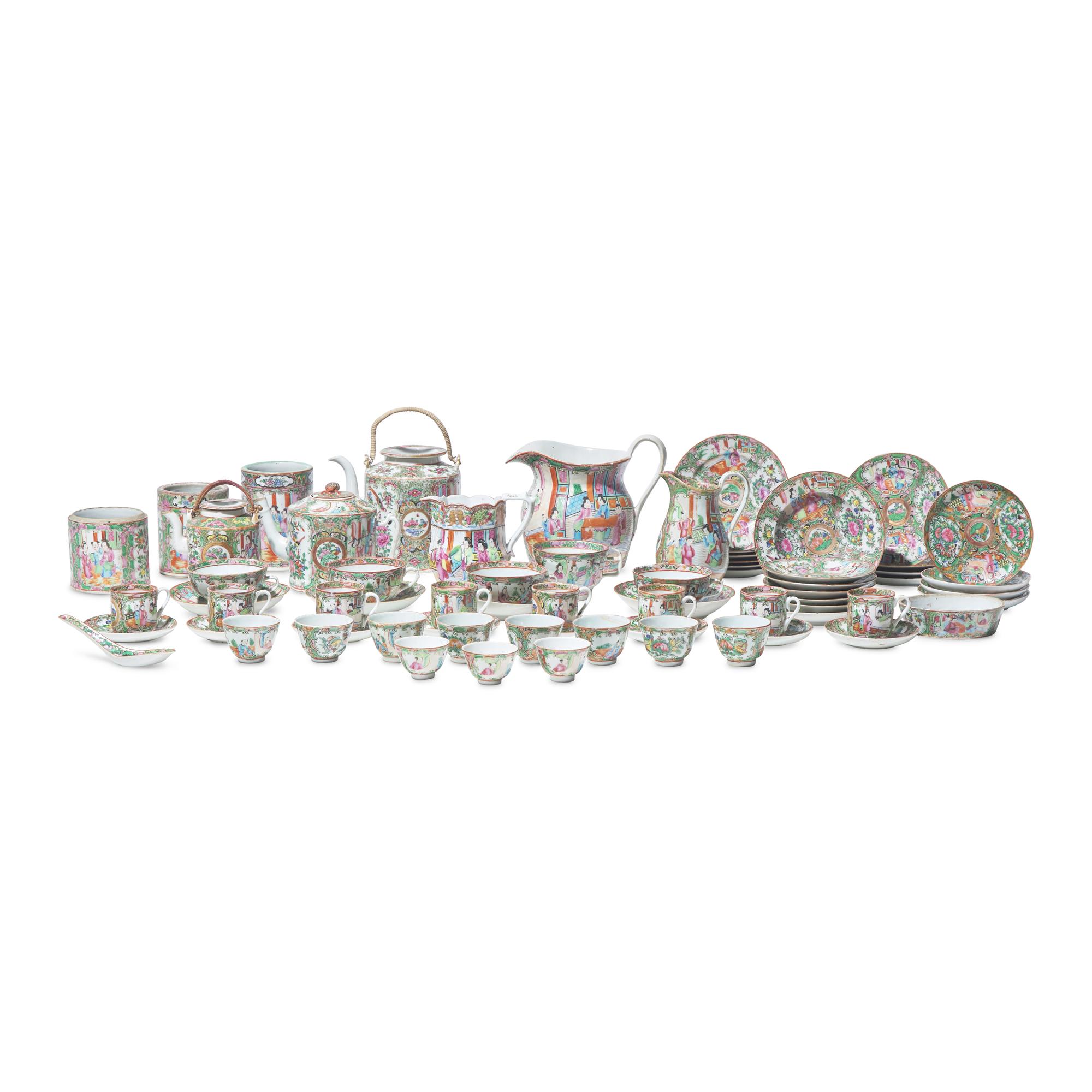 A Large Group of Sixty-Eight Chinese Export Porcelain Rose Medallion Tablewares