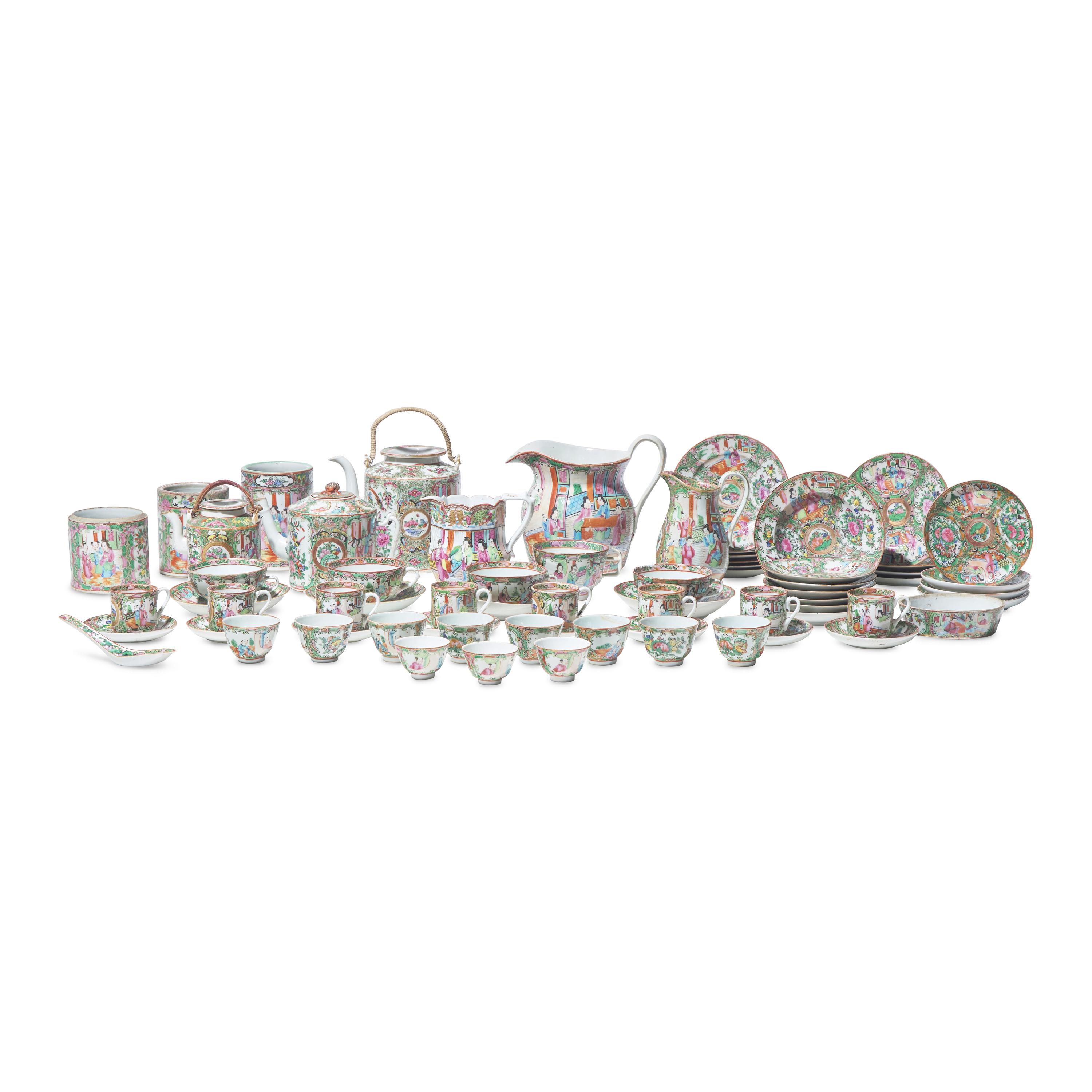 A Large Group of Sixty-Eight Chinese Export Porcelain Rose Medallion Tablewares