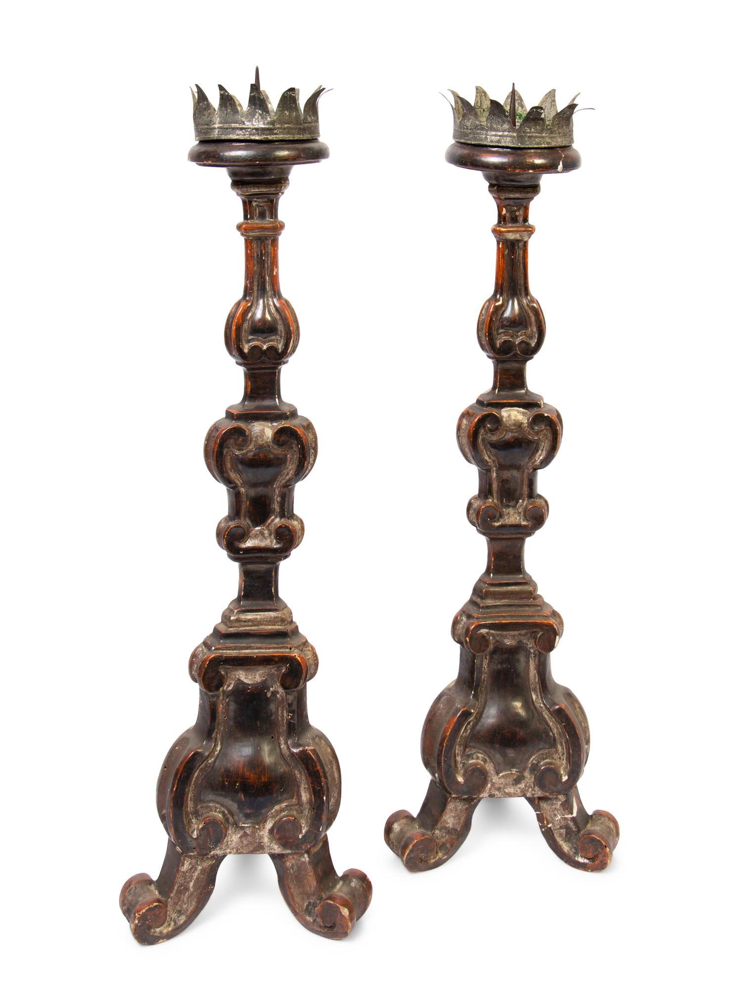 A Pair of French Carved and Painted Candlesticks