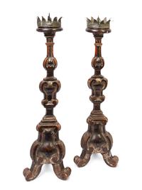 A Pair of French Carved and Painted Candlesticks
