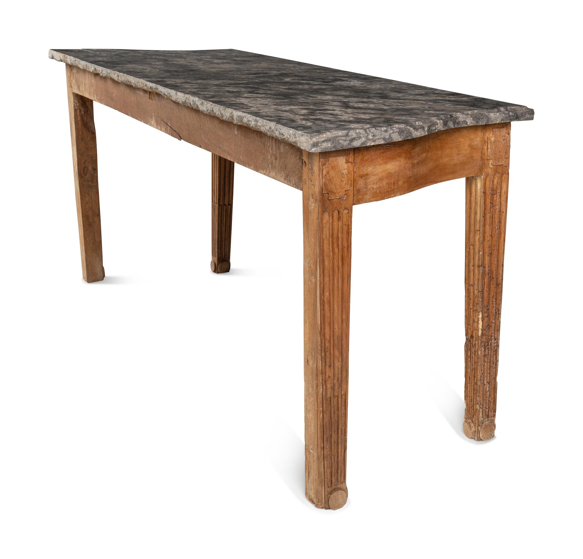A Louis XVI Provincial Stained Fruitwood Marble-Top Console Table