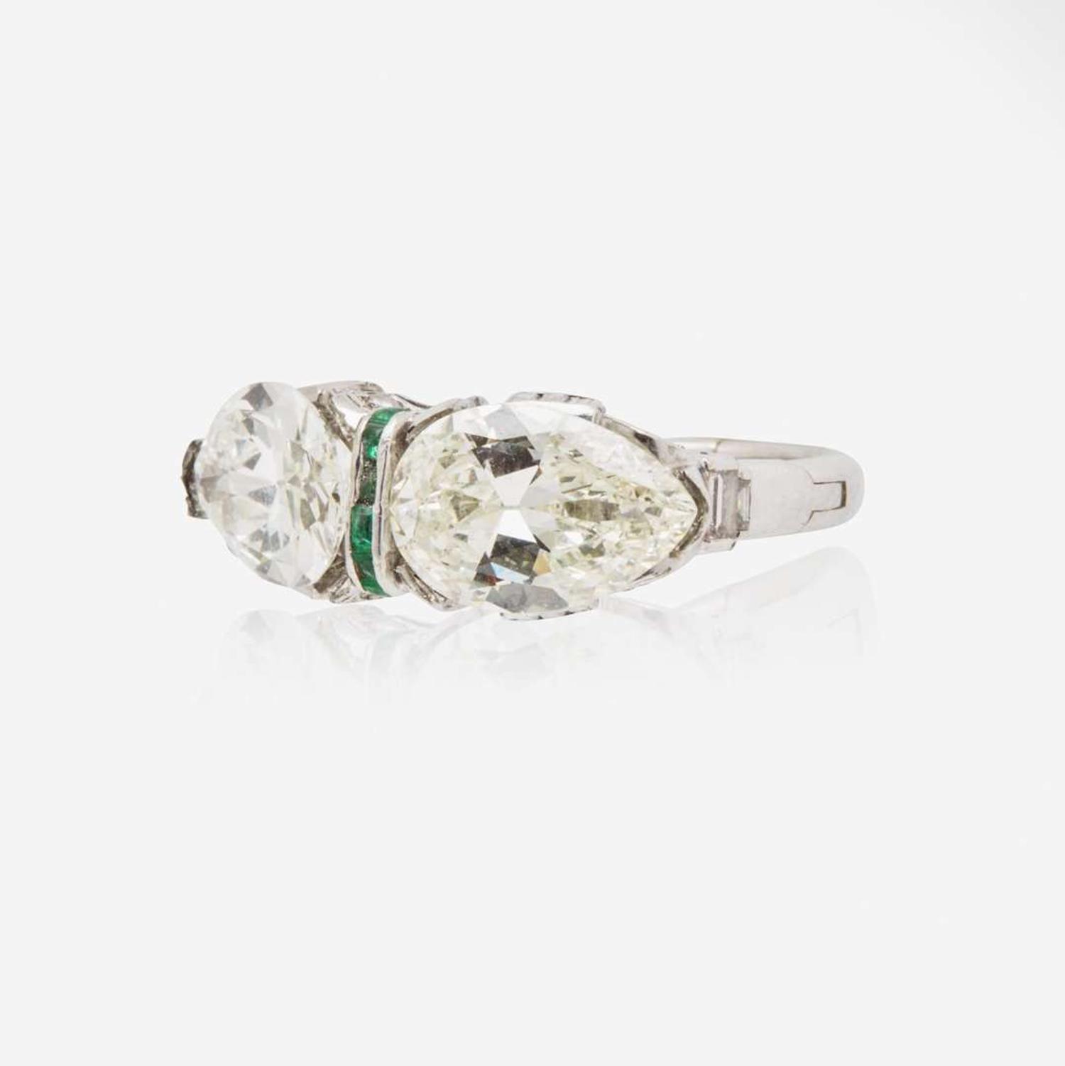 A Pear-Shape Diamond and Emerald Ring 3.16 Carat and 3.22 Carat Pear Brilliant-Cut Diamonds, GIA Certified