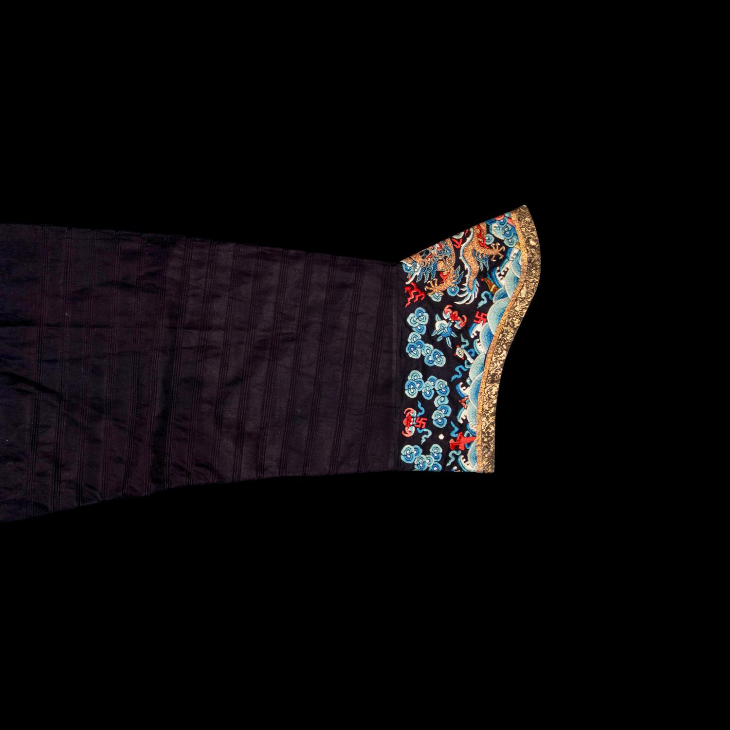 A Chinese Blue Ground Embroidered Silk Dragon Robe, Jifu, Late 19th Century 清晚期 藍緞地綉云龍紋吉服