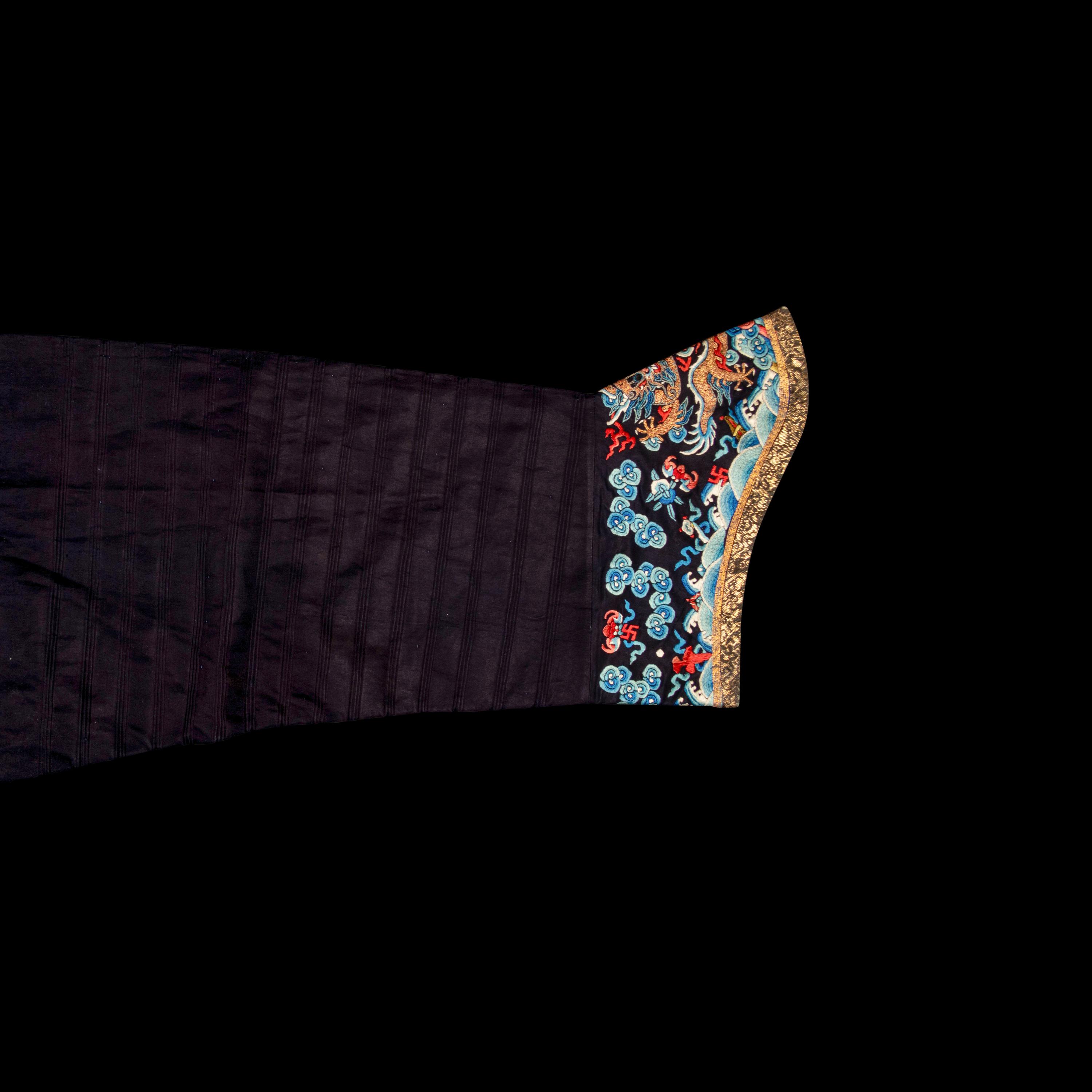 A Chinese Blue Ground Embroidered Silk Dragon Robe, Jifu, Late 19th Century 清晚期 藍緞地綉云龍紋吉服