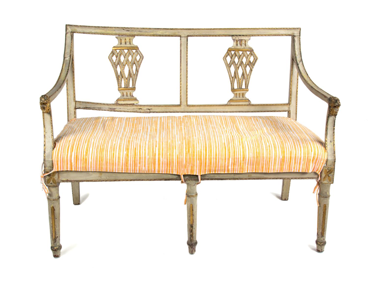 A Gustavian Painted and Parcel Gilt Settee Height 33 1/2 x width 42 x depth 21 1/2 inches. — LATE 18TH/EARLY 19TH CENTURY