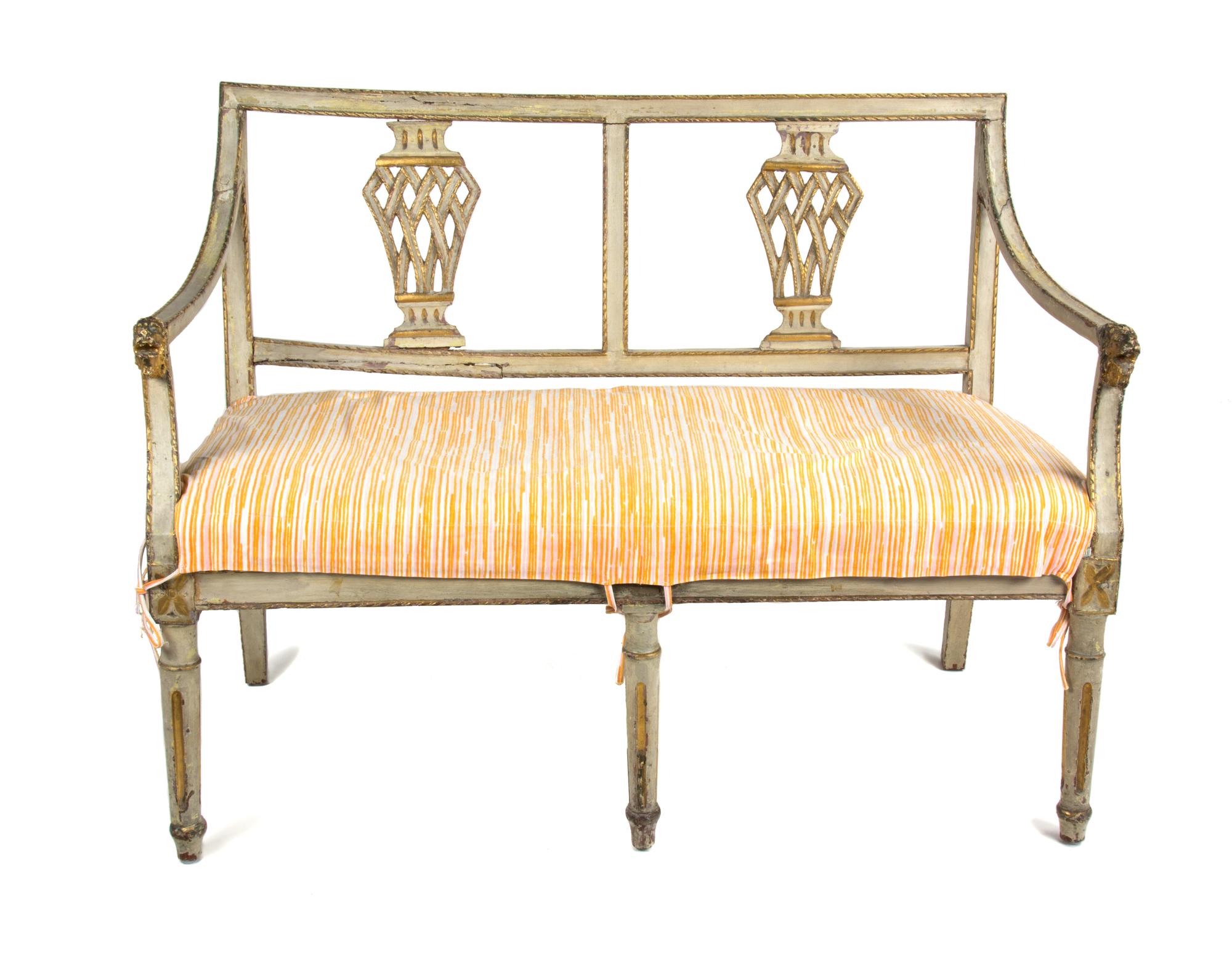A Gustavian Painted and Parcel Gilt Settee Height 33 1/2 x width 42 x depth 21 1/2 inches. — LATE 18TH/EARLY 19TH CENTURY