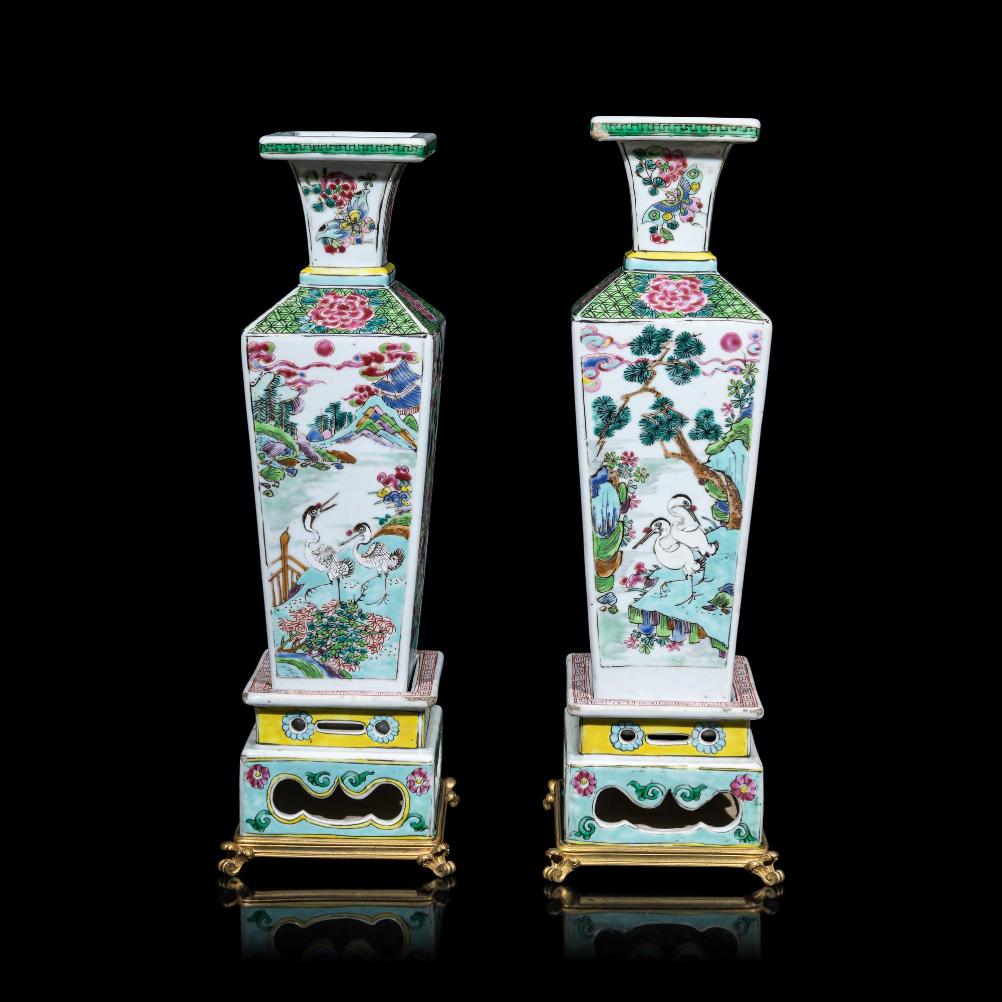 A Pair of Chinese Famille Rose Porcelain 'Cranes and Deer' Square-Section Vases, Qing Dynasty 清 粉彩鹿鶴同春方瓶一對