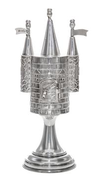 A Continental Silver Spice Tower, 20th Century, of castle form with three spires and raised on a trumpet base.