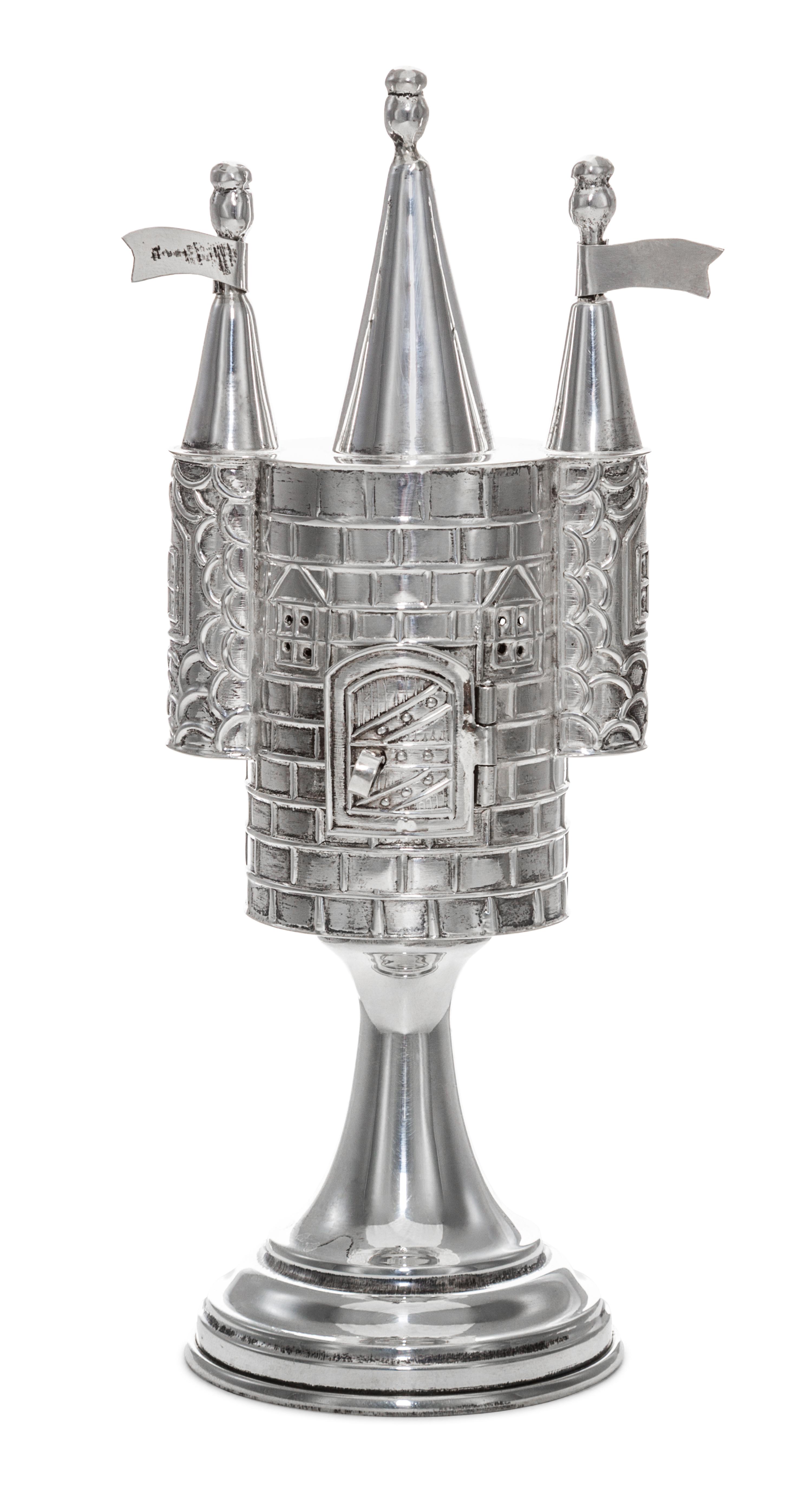 A Continental Silver Spice Tower, 20th Century, of castle form with three spires and raised on a trumpet base.
