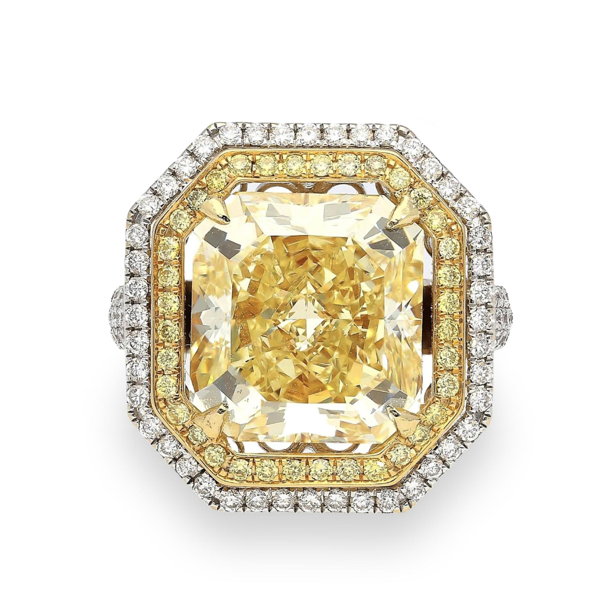 10.88 CARAT FANCY YELLOW DIAMOND AND DIAMOND RING