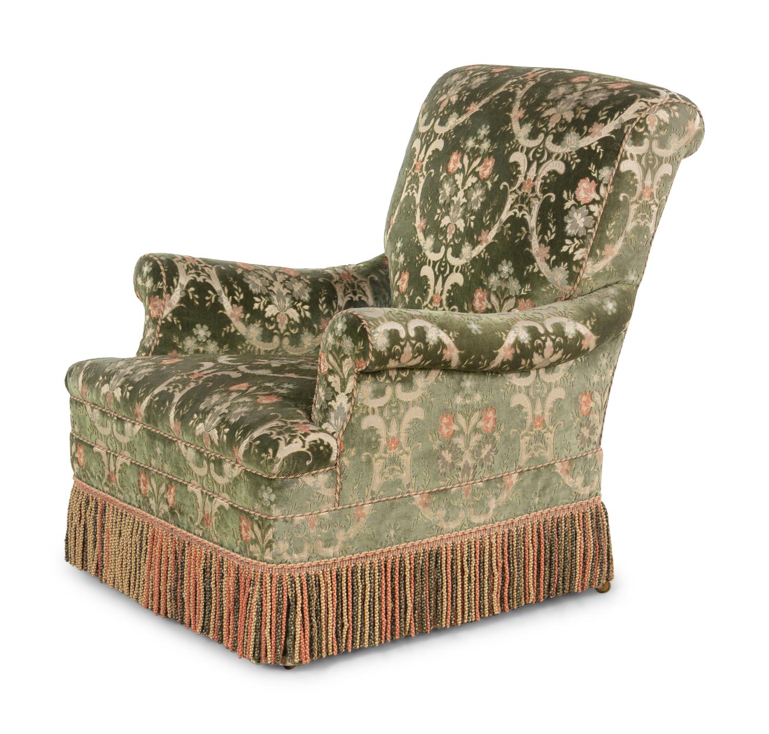 A Green Silk Cut Velvet Upholstered Armchair and Ottoman