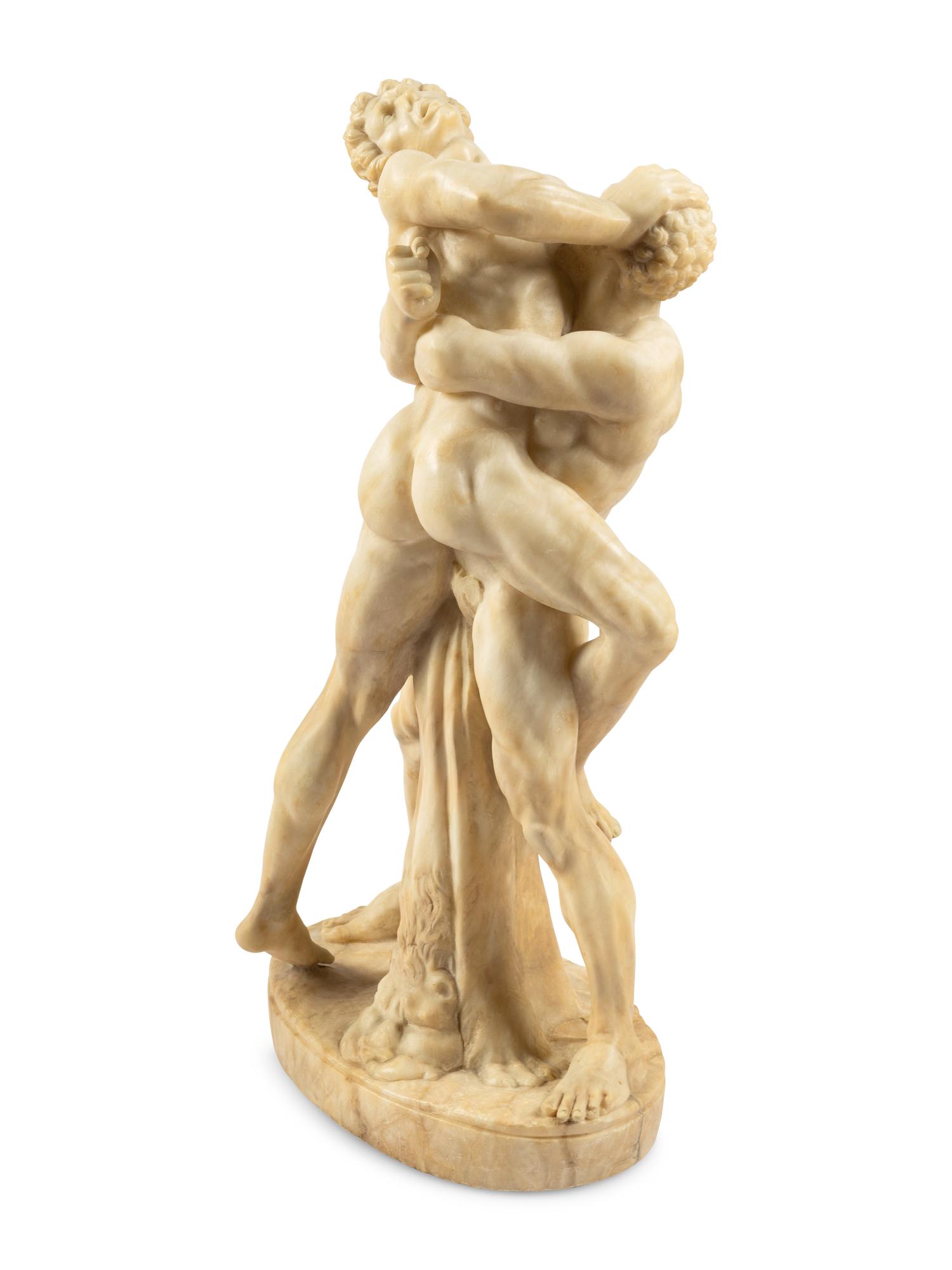 A Continental Carved Alabaster Figural Group Depicting Hercules and Antaeus