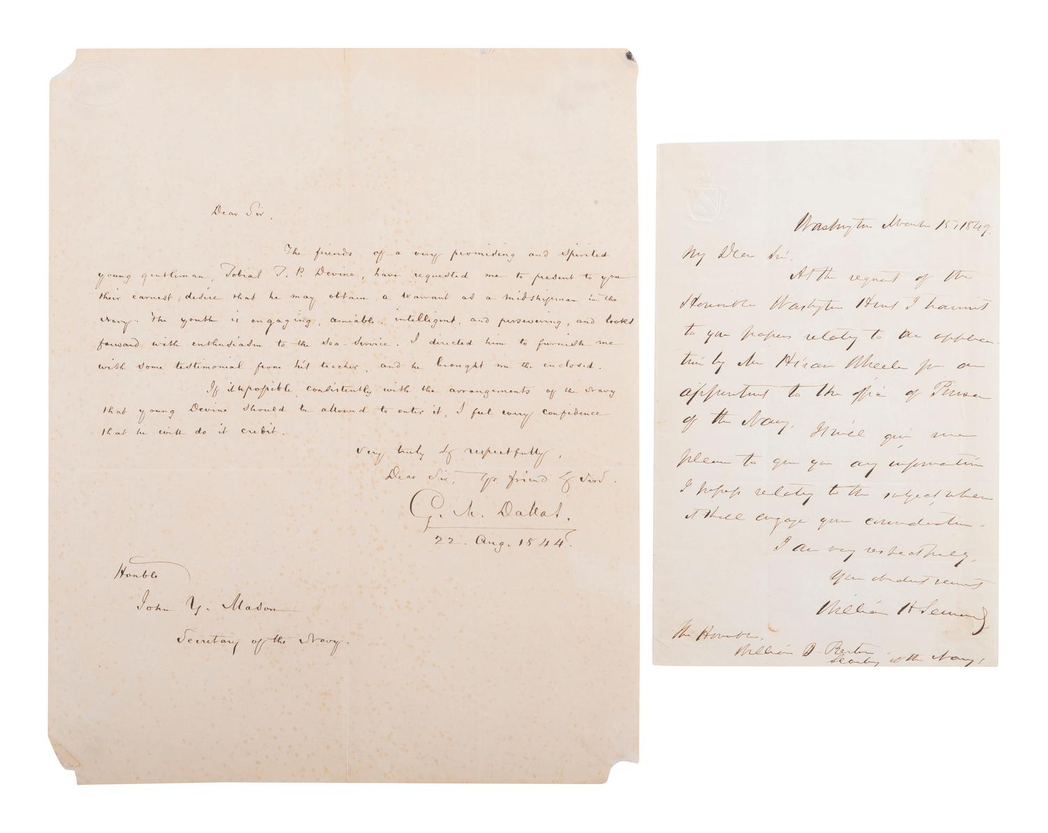 [US NAVY]. Antebellum naval-related correspondence, including: