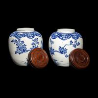 A Pair of Chinese Blue and White Porcelain 'Peonies and Pheasant' Ginger Jars, Guangxu Period 清光緒 青花牡丹錦鷄圖蓋罐一對