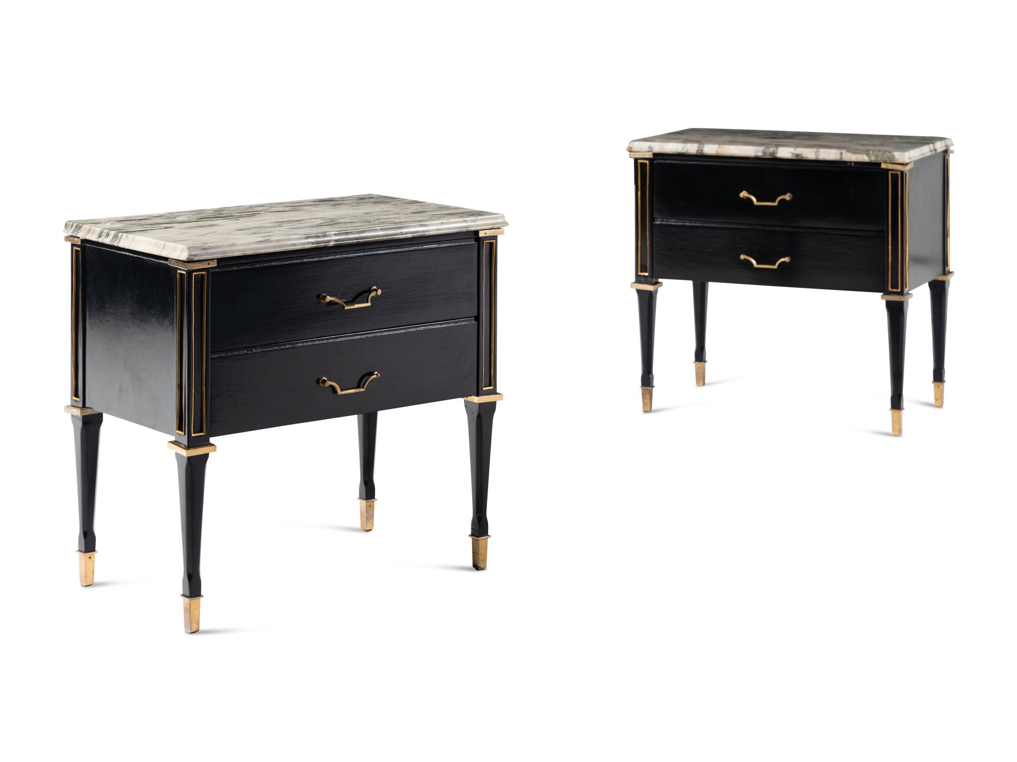 A Pair of Gilt Metal Mounted Ebonized Side Chests or Bedside Tables in the Style of Maison Jansen