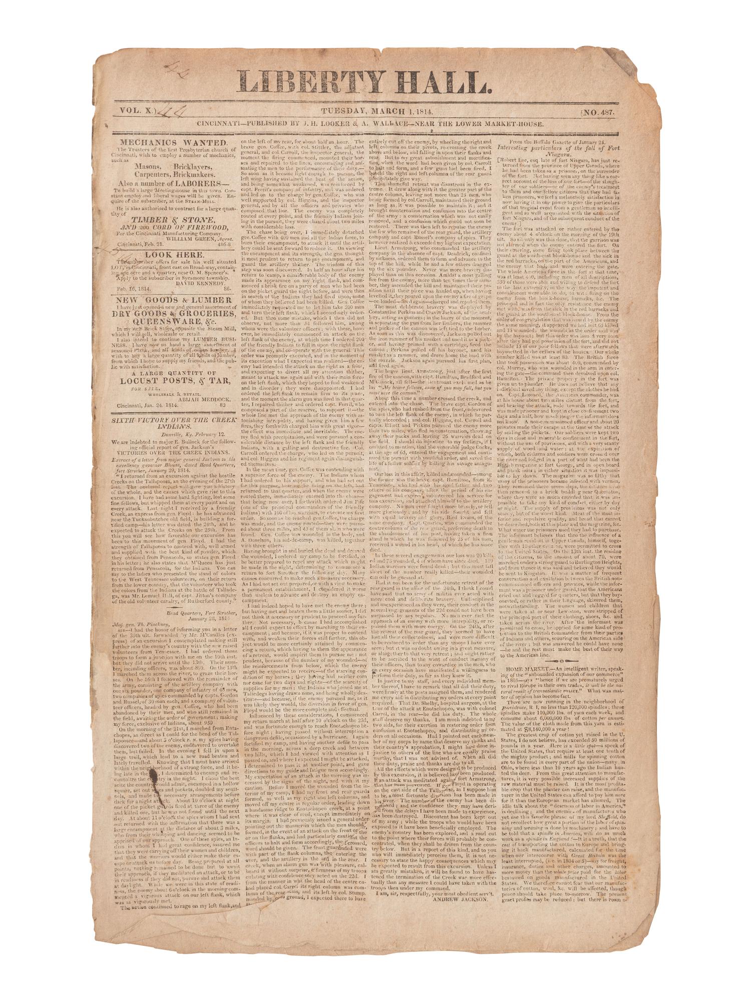 [NATIVE AMERICANS]. Liberty Hall with newspaper accounts of the Creek War and the War of 1812.