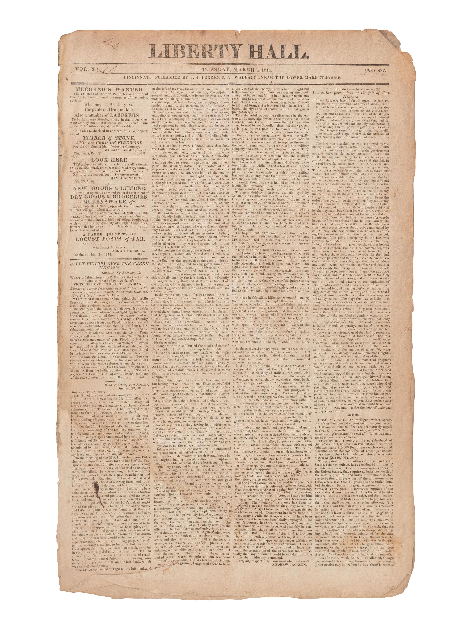 [NATIVE AMERICANS]. Liberty Hall with newspaper accounts of the Creek War and the War of 1812.