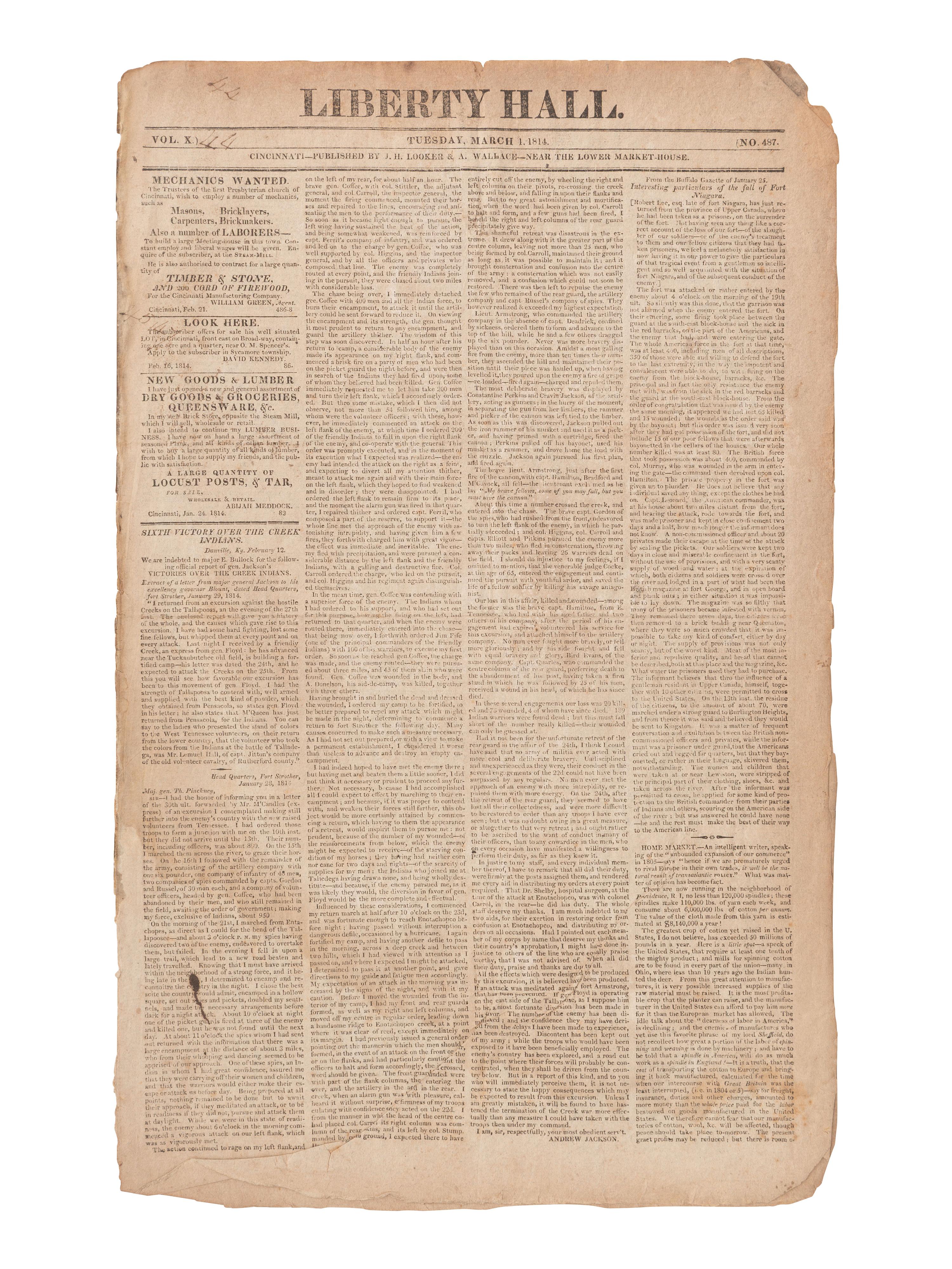 [NATIVE AMERICANS]. Liberty Hall with newspaper accounts of the Creek War and the War of 1812.