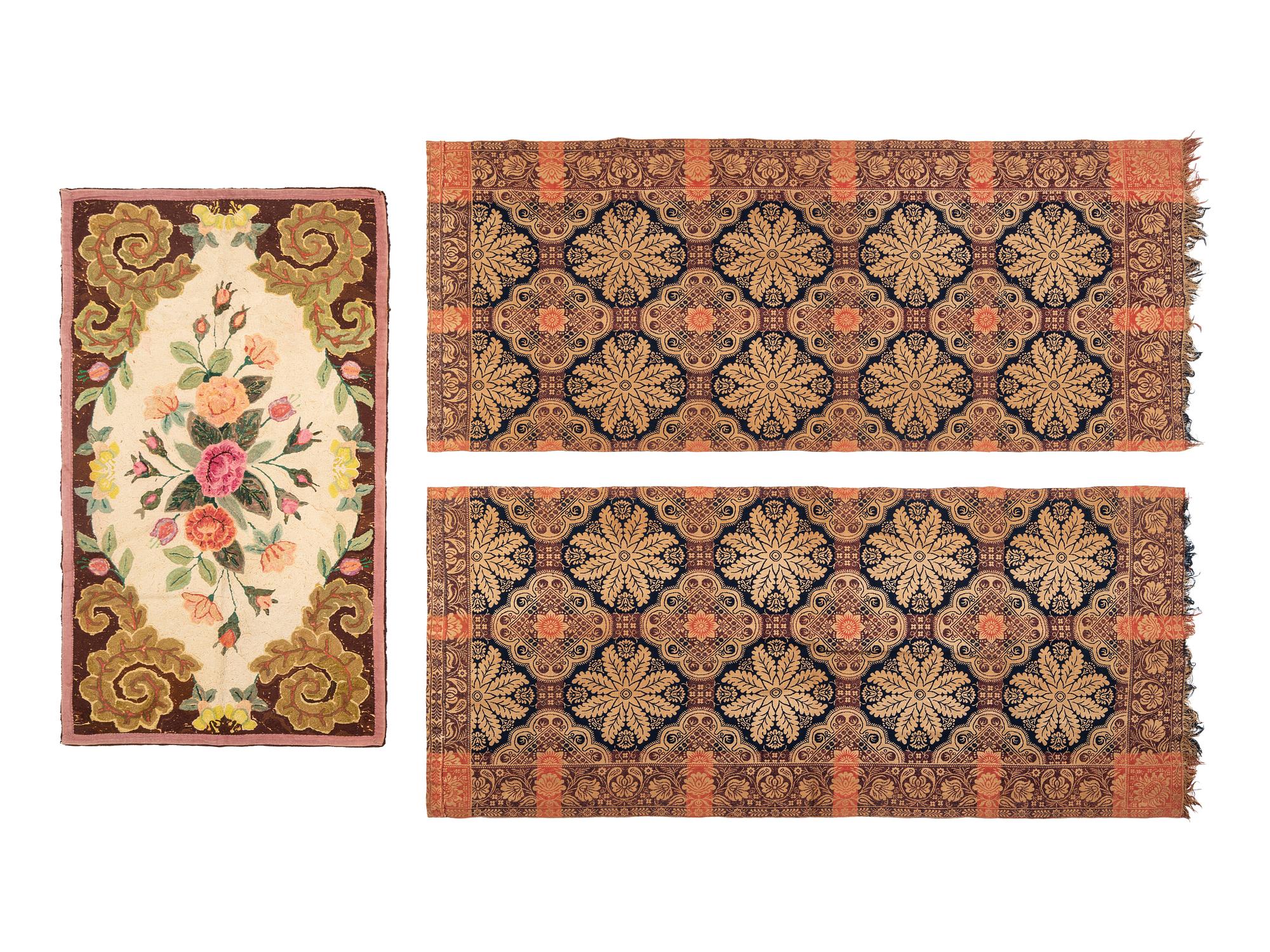 Two Coverlets and a Hooked Rug