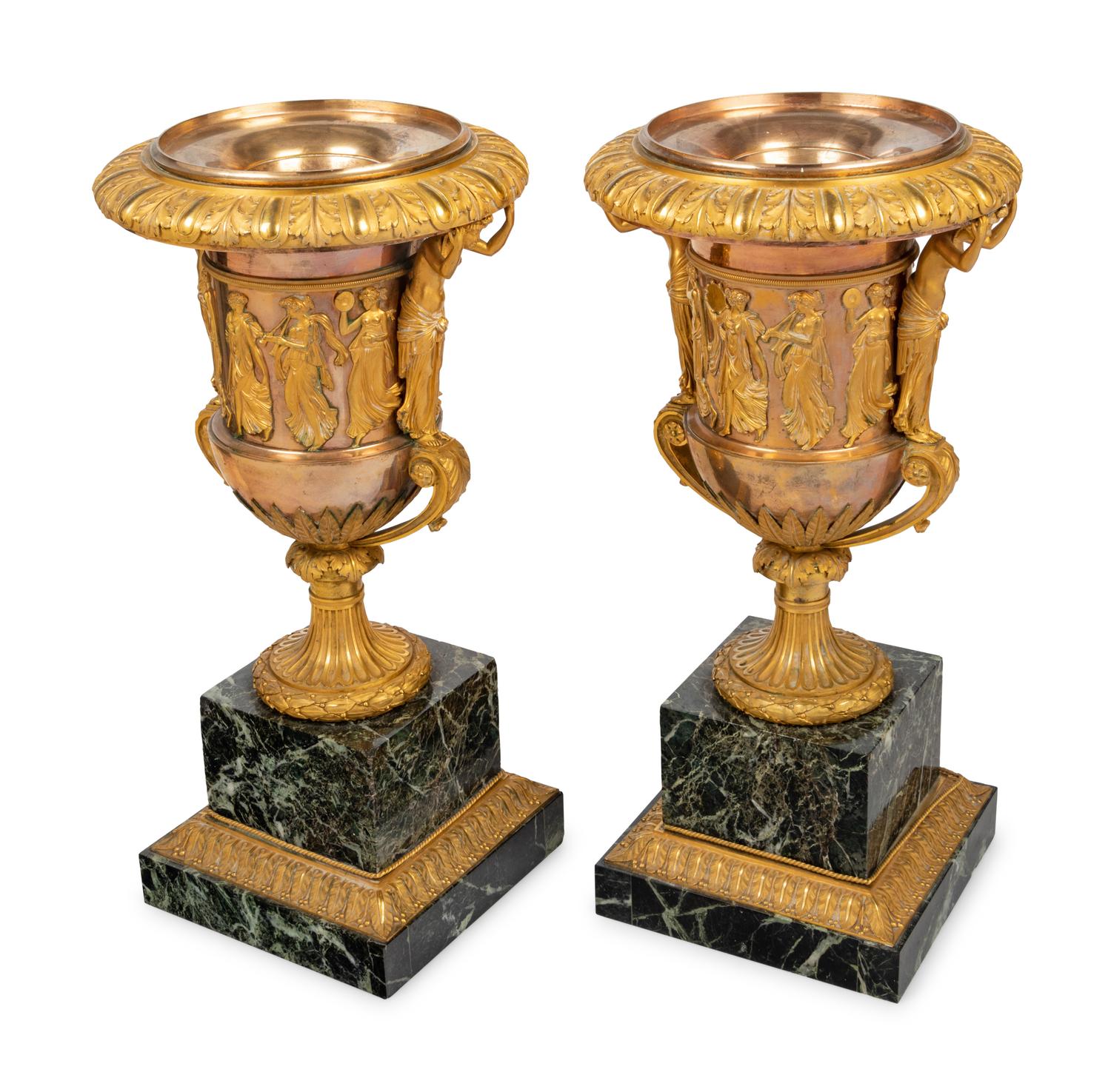 A Pair of Neoclassical Gilt Bronze and Marble Campagna-Form Urns